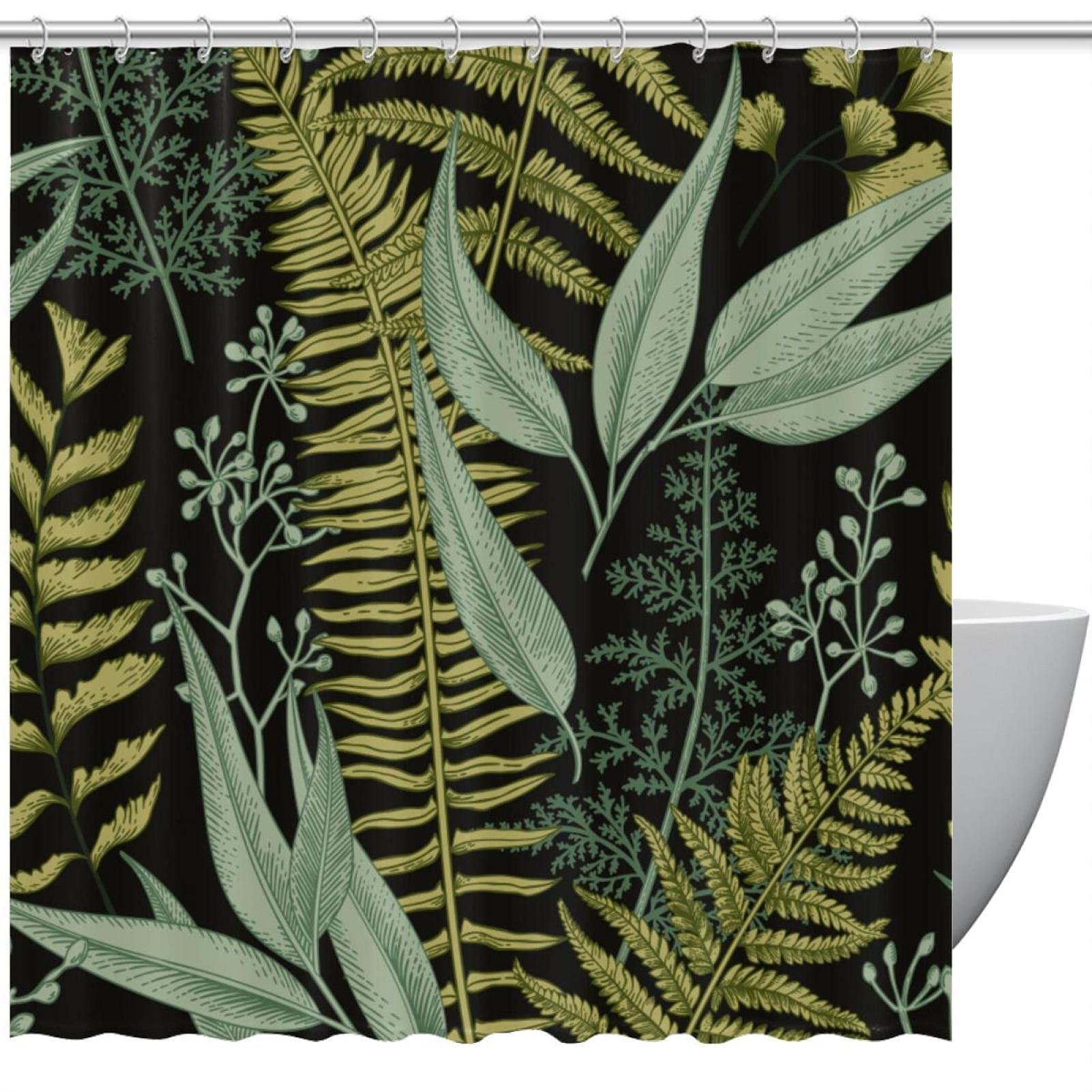 Rideau de douche vintage feuilles vertes 167x182 cm étanche avec 12 crochets