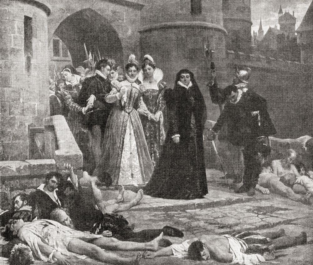 Katarzyna Medycejska z obojętnością traktuje ciała ofiar masakry w Dniu Świętego Bartłomieja w 1572 roku. Ukierunkowana grupa zabójstw i fala katolickiej przemocy mafii skierowanej przeciwko hugenotom