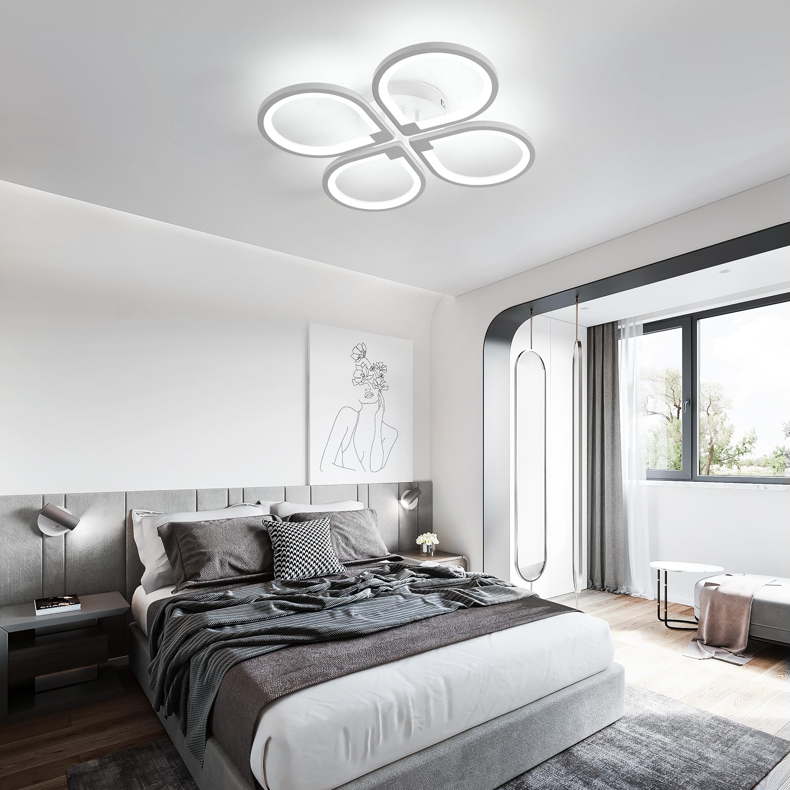 Comely Luz de techo led cuatro pétalos, lámpara de techo 40W 4500LM, luz de techo moderna creativa para sala de estar cocina baño dormitorio pasillo, blanco frío 6500K, diámetro 57cm, blanco