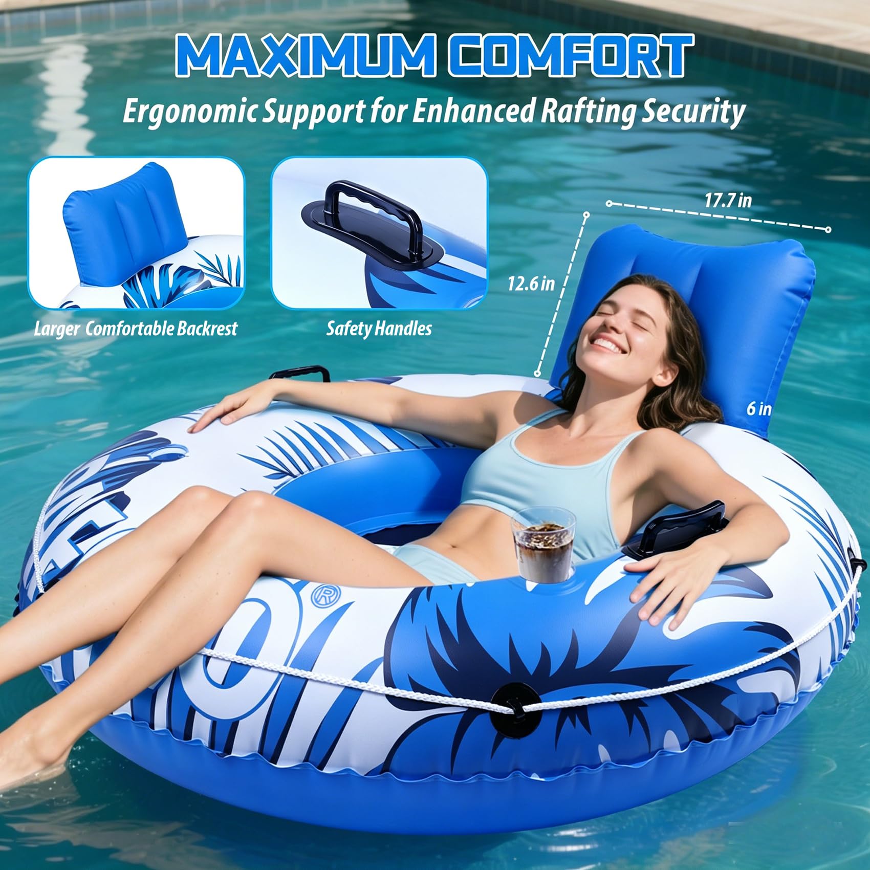Flotadores de piscina para adultos, 53 pulgadas, 450 libras, tubos de río resistentes para flotar, resistentes con cuerda de agarre para reposacabezas, 2 portavasos y asiento de malla doble sellado