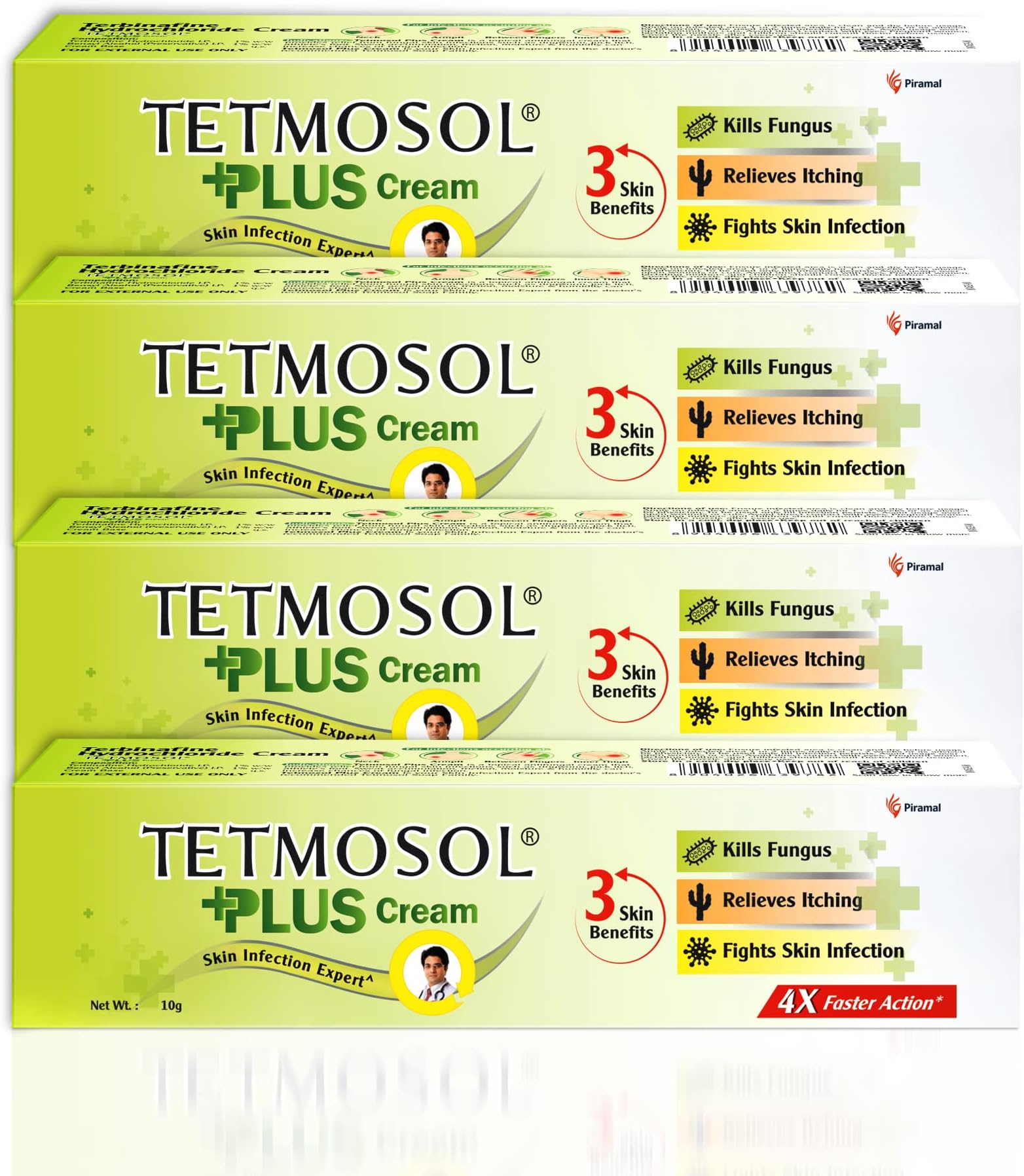 Tetmosol Plus Cream - topical antifungal cream - kills fungus, relieves itching, fights skin infections - Pack of 4 (4 x 10g)