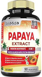 Papaya Leaf Extract Supplements Capsules 5650mg, 3 Months Supply with Kalmegh, Apple Pectin, Peppermint - Improved Digesti...