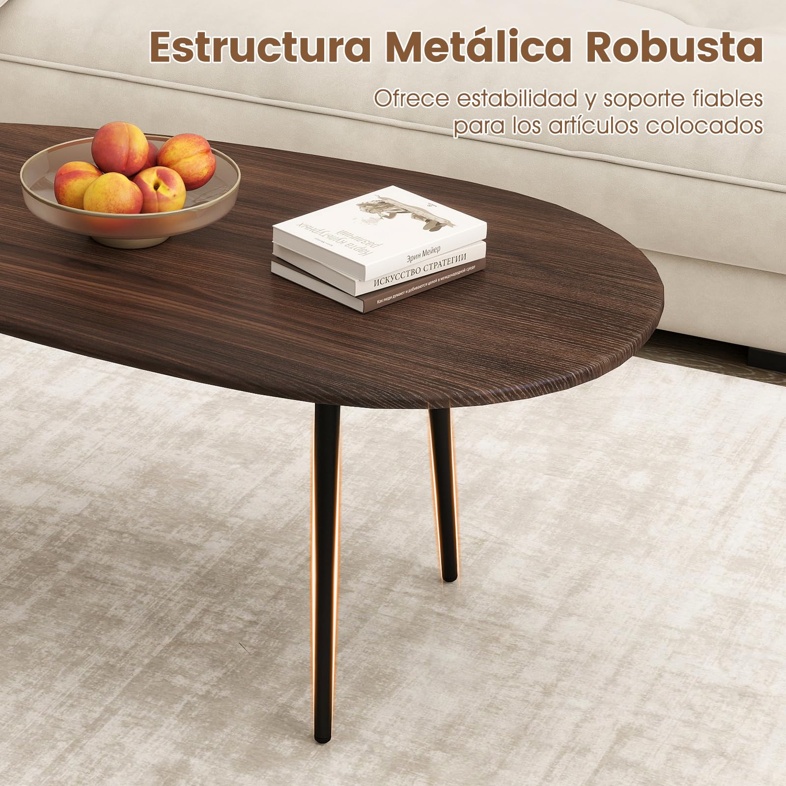 COSTWAY Mesa de Centro Ovalada, Mesita Central con Construcción Metálica Resistente y Diseño Compacto para Sofá, Mesita Auxiliar para Salon, Oficina, Mesita de Café, 108 x 56 x 44 cm (Nogal)