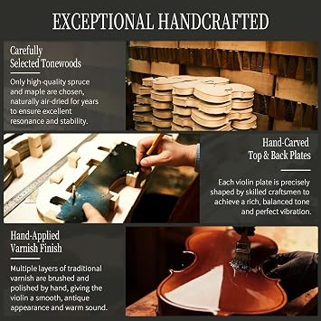 AKLOT Handcrafted Full Size Violin: Solid Wood Matte Fiddle, Acoustic Beginner 4/4 Violin Kit with Hard Case, Lesson Book, Bow, Shoulder Rest, Extra Strings, Tuner, Fretboard Stickers (VRT-AmiMS)