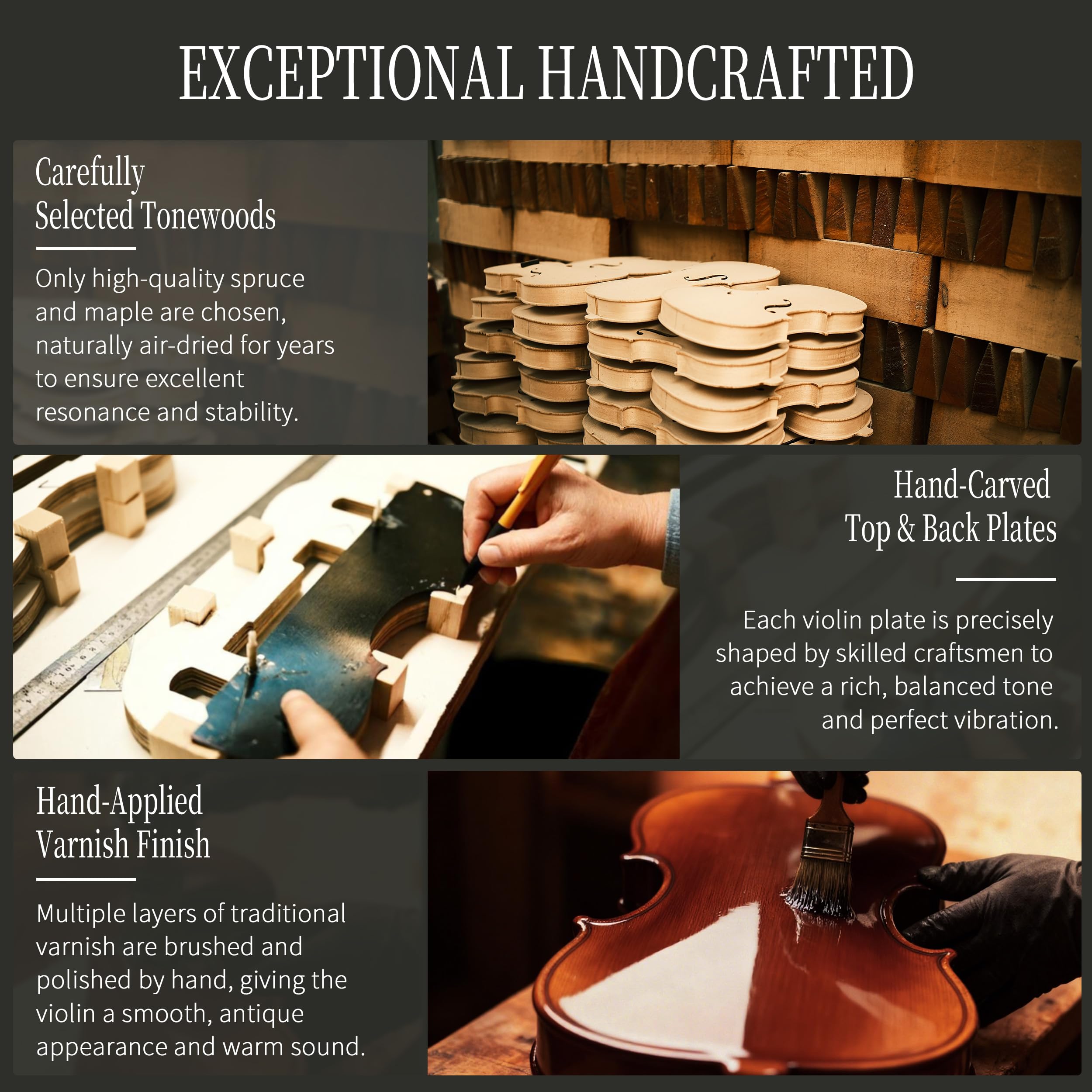 AKLOT Violino in acero fiammato artigianale: violino a grandezza naturale, kit di violino acustico avanzato con archetto in ebano, spalliera in legno massello, libro delle lezioni, custodia rigida