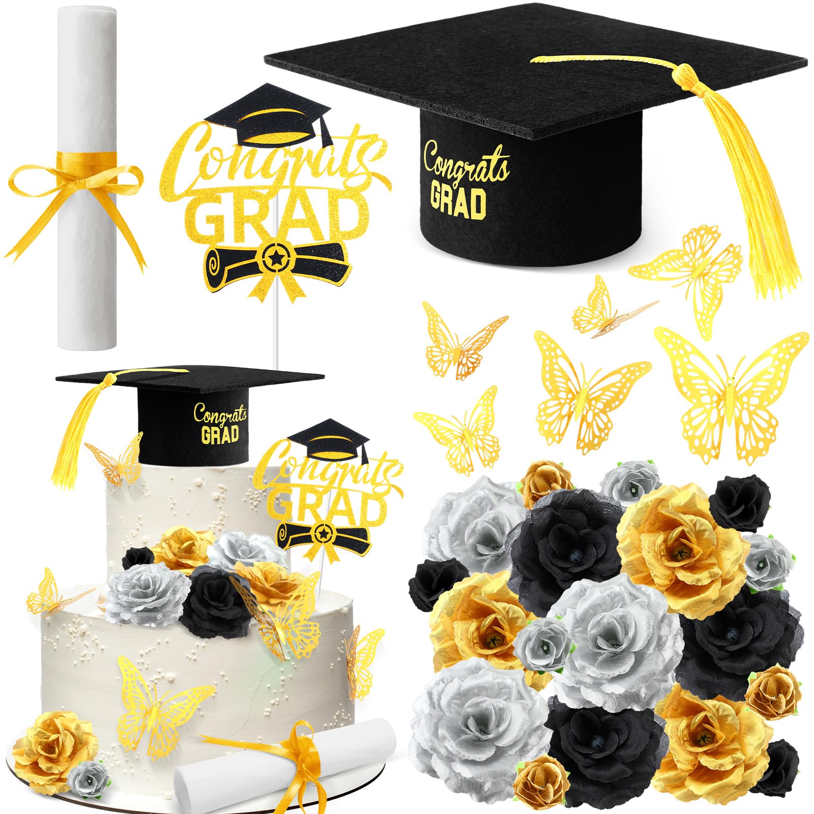 Photo 1 of SiliFine 33 Pcs Graduation Cake Kit Includes Glitter Cake Toppers Felt Graduation Cap with Tassel Diploma Flowers 3D Butterfly Decor for 2025 Graduate Party Supplies (Black)