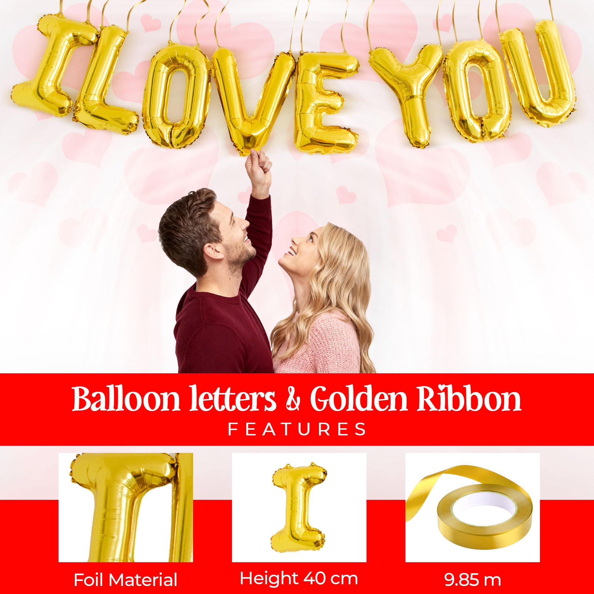 Valentines Decorations Set including Gold I Love You Balloons, 14 Red Heart Balloons and 500 Fake Rose Petals - Image 3