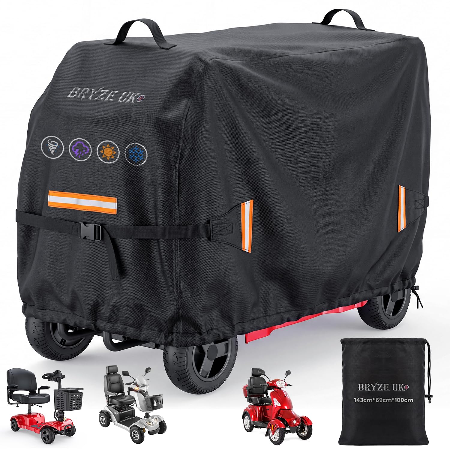 Mobility Scooter Cover Waterproof, Heavy-Duty Dustproof Cover with Reflective Strips, Universal Fit for 3 & 4 Wheel Scooters (145x70x100cm), Includes Storage Bag