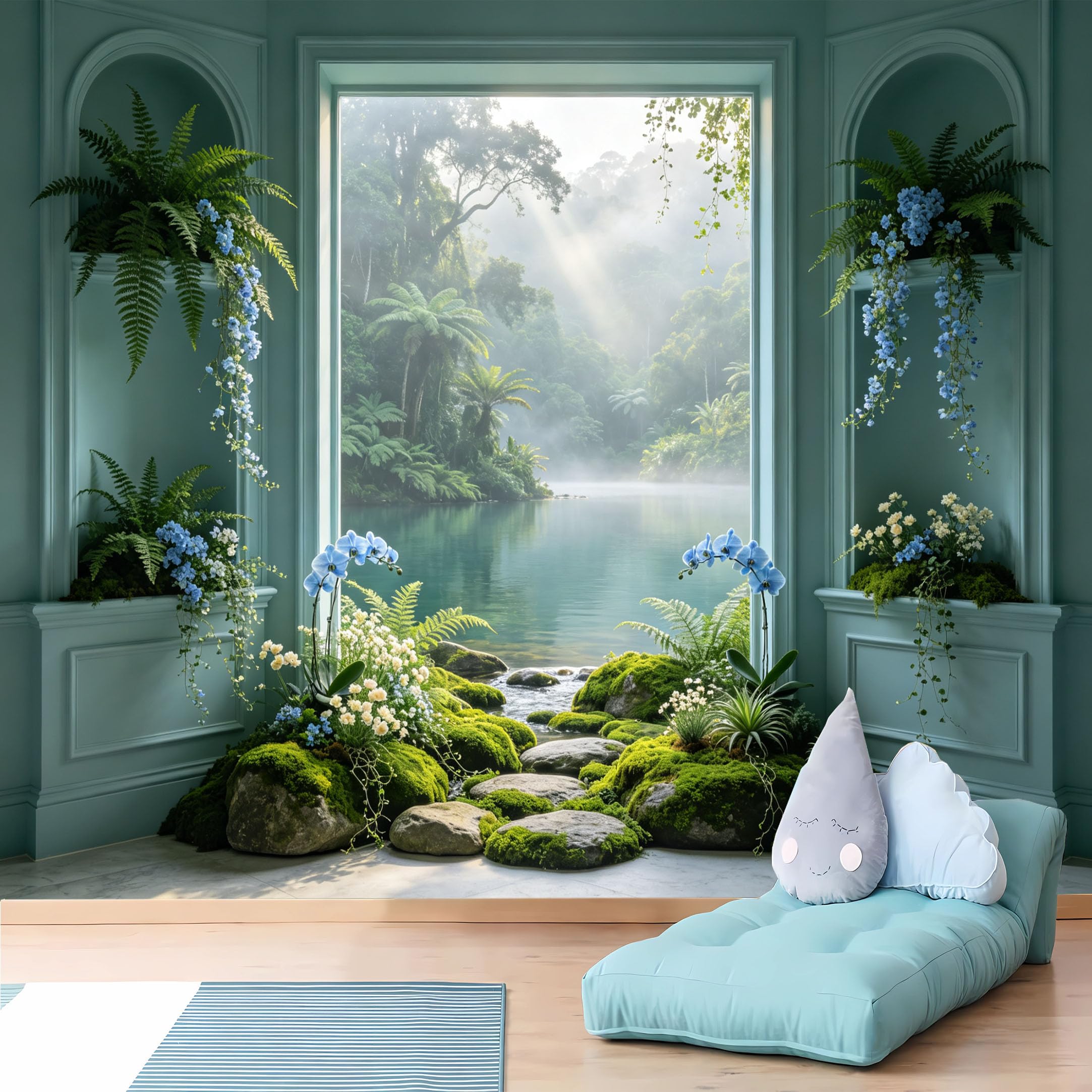 Custom Size Wall Murals,Misty Rainforest Lake View from Teal Window Wall Murals,Wall Stickers,Self-Adhesive Removable Wallpaper for Living Room
