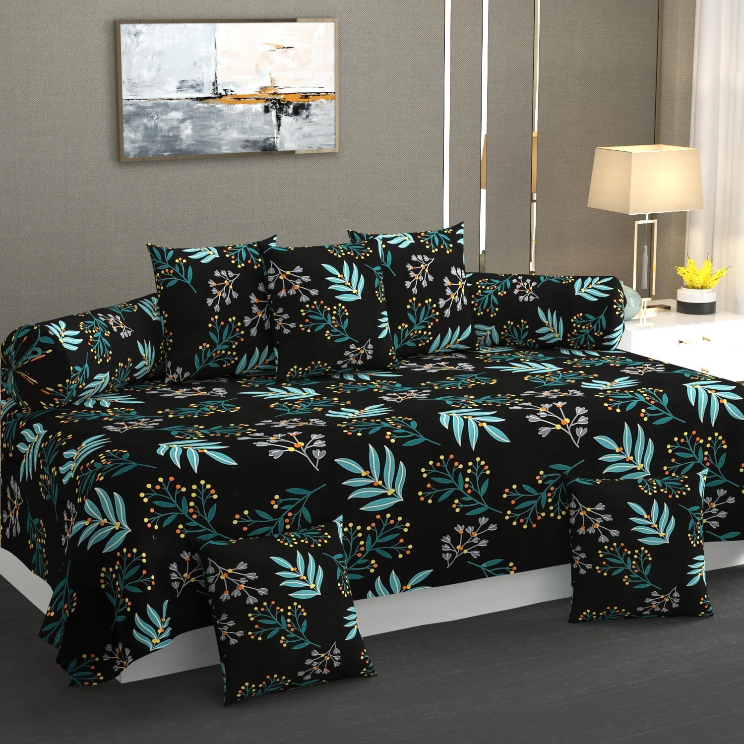 Microfibre Fabric 5D Diwan Covers Set of 1Bedsheet 2Bolster Covers 5 Cushion Covers (Mustard Diamonds)-image-34