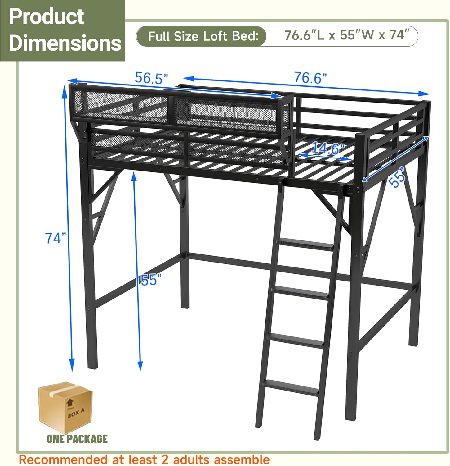 Full Size Loft Bed with Storage Shelf, Metal Loft Bed Frame with Wide Ladder and Large Under-Bed Space, Heavy-Duty Tall Lofts Beds for Adults Teens and Kids, Black