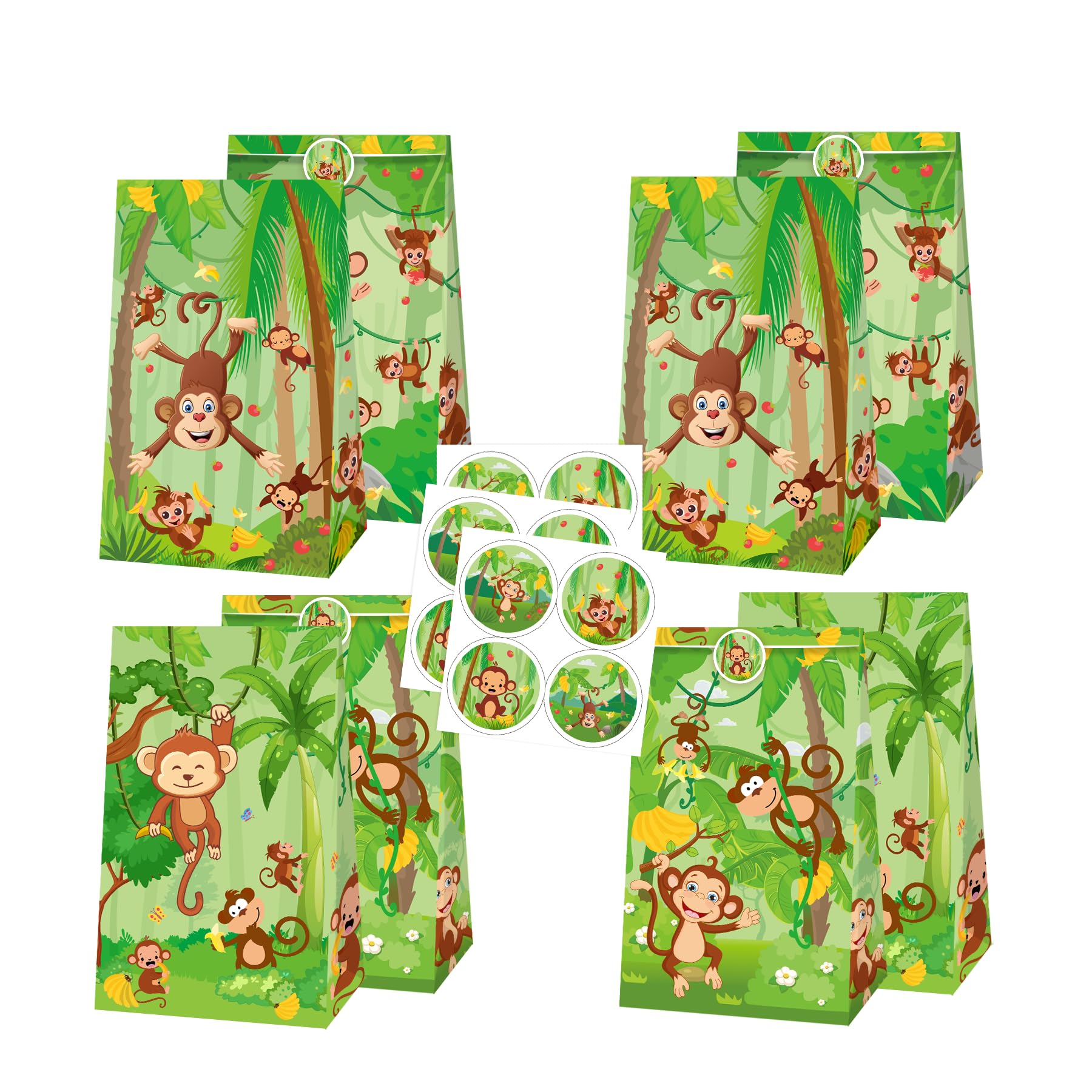 Photo 1 of 12 Pcs Monkey Party Bags with Stickers Monkey Party Decorations Cute Animal Monkey Gift Candy Goodie Treat Paper Bags for Monkey Birthday Party Supplies