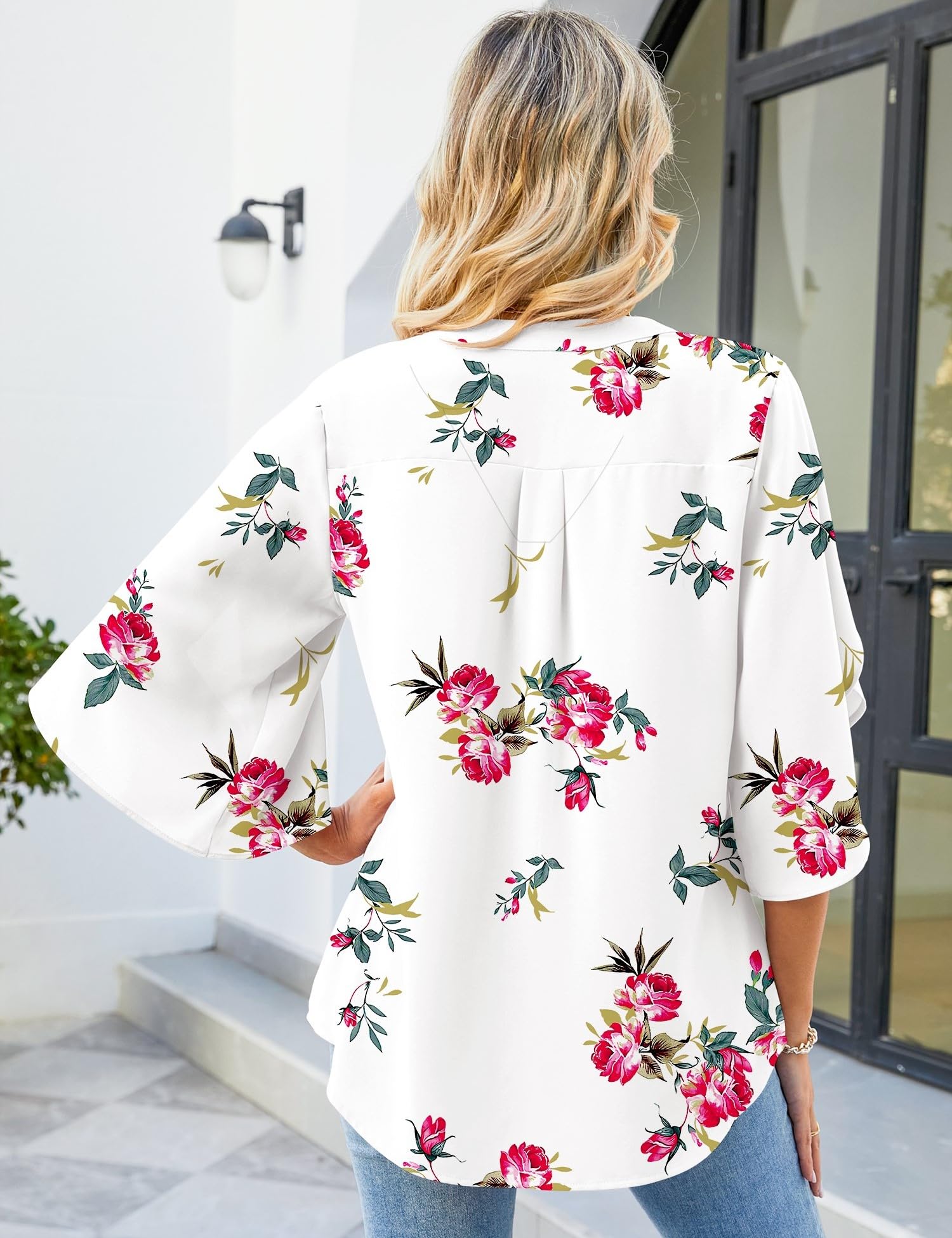 LUYAA Blusa casual de gasa para mujer, manga 3/4 con volantes, cuello en V, ajuste holgado, White Red-flower, Large