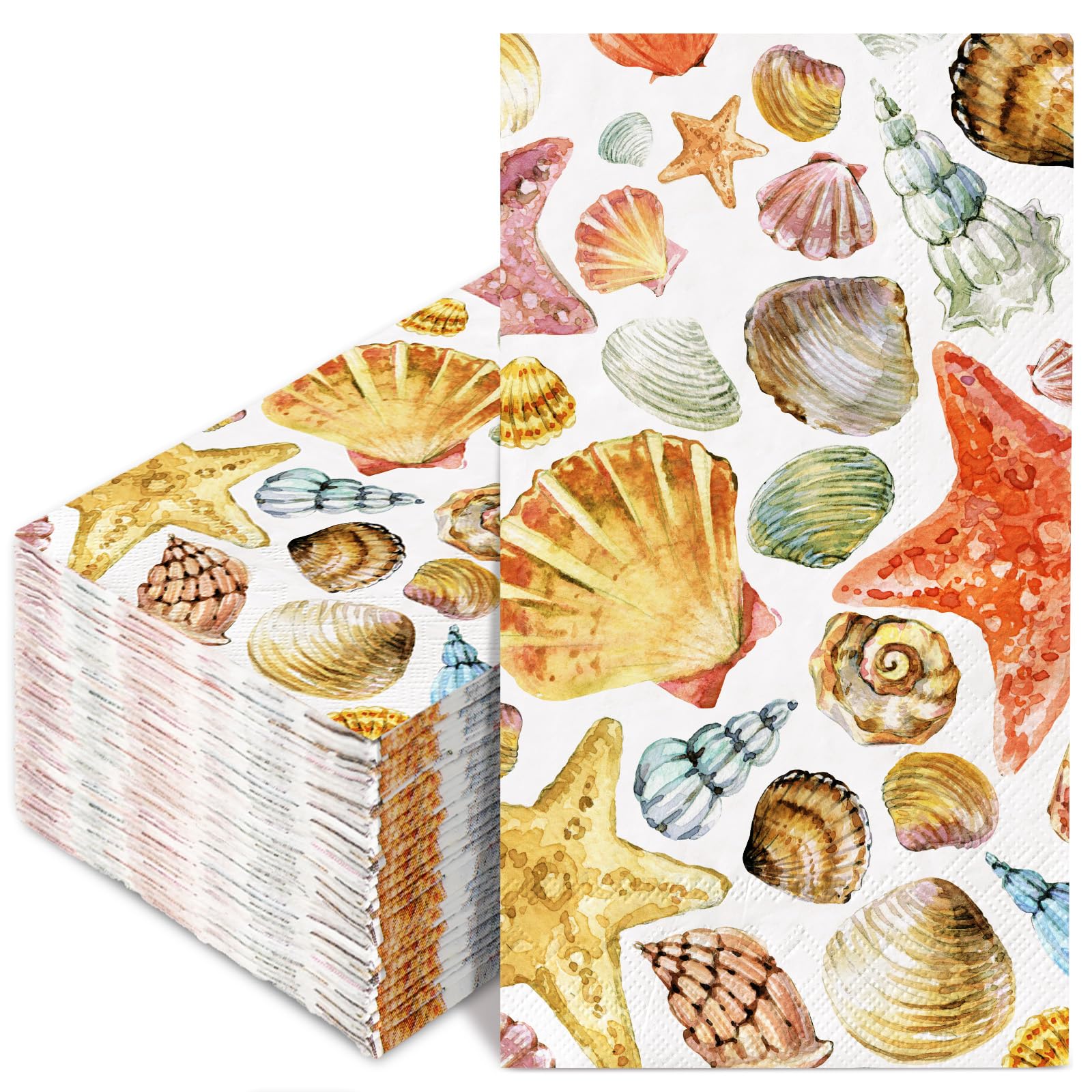 100Pcs Sea Shell Guest Napkins Ocean Starfish Disposable Paper Napkins Watercolor Summer Beach Theme Decorative Hand Towels for Home Kitchen Bathroom