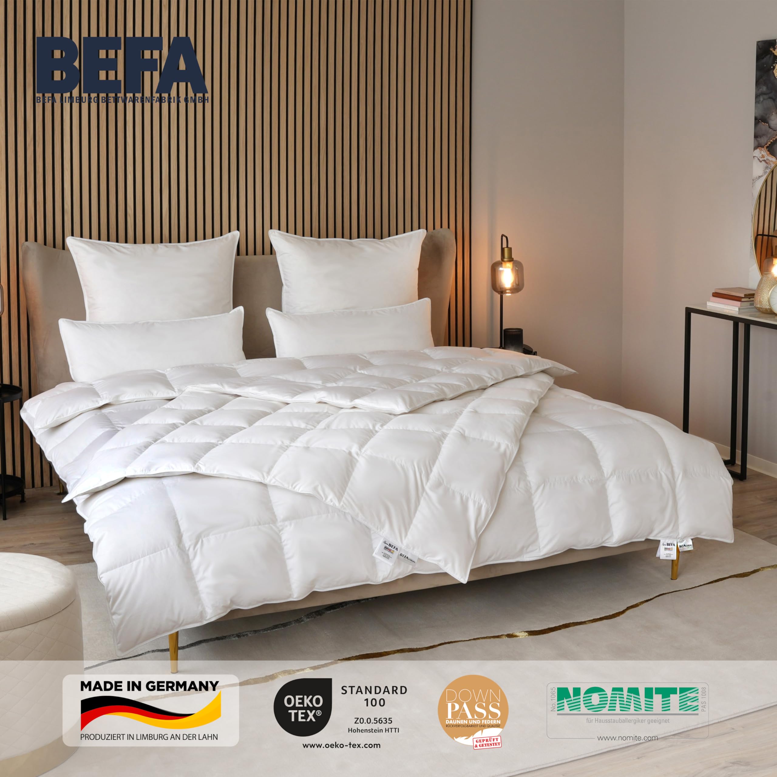 BEFA NATUR Made in Germany Tencel kołdra puchowa 200 x 220 cm z 90% puchu i 10% pierza, nadaje się na wszystkie pory roku, nadaje się dla alergików (Nomite), EN Standard 12934, Öko-Tex 100 klasa 1,
