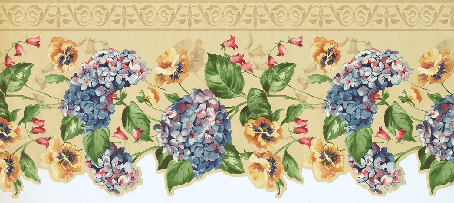 CONCORD WALLCOVERINGS ™ Wallpaper Border Floral Pattern Flowers Leaves Ornaments, Die Cut Edge for Cottage Bedroom Living Room, Beige Green Blue, 15 ft by 10.25 in 5507330