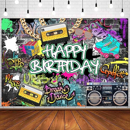 InMemory Graffiti Hip Hop - Fondo de cumpleaños retro urbano para pared de ladrillo con cadena dorada, cinta grabadora de disco rock punk música