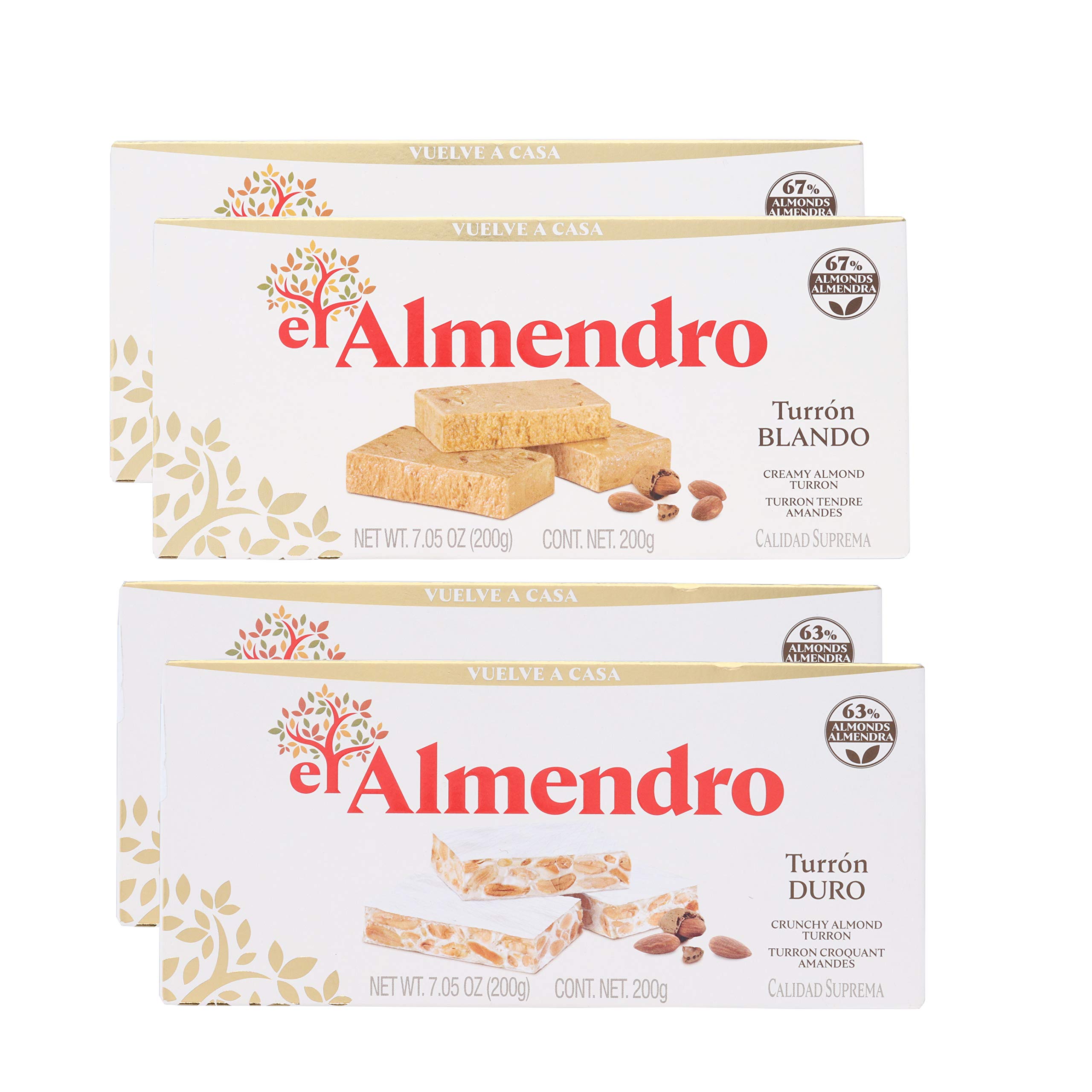 El Almendro – Lot de 4 paquets de 4 amandes croustillantes nougat et tourron doux – amande crémeuse turron turron Blando y Duro con Almendras Calidad Suprema avec pochette de rangement rapide premium