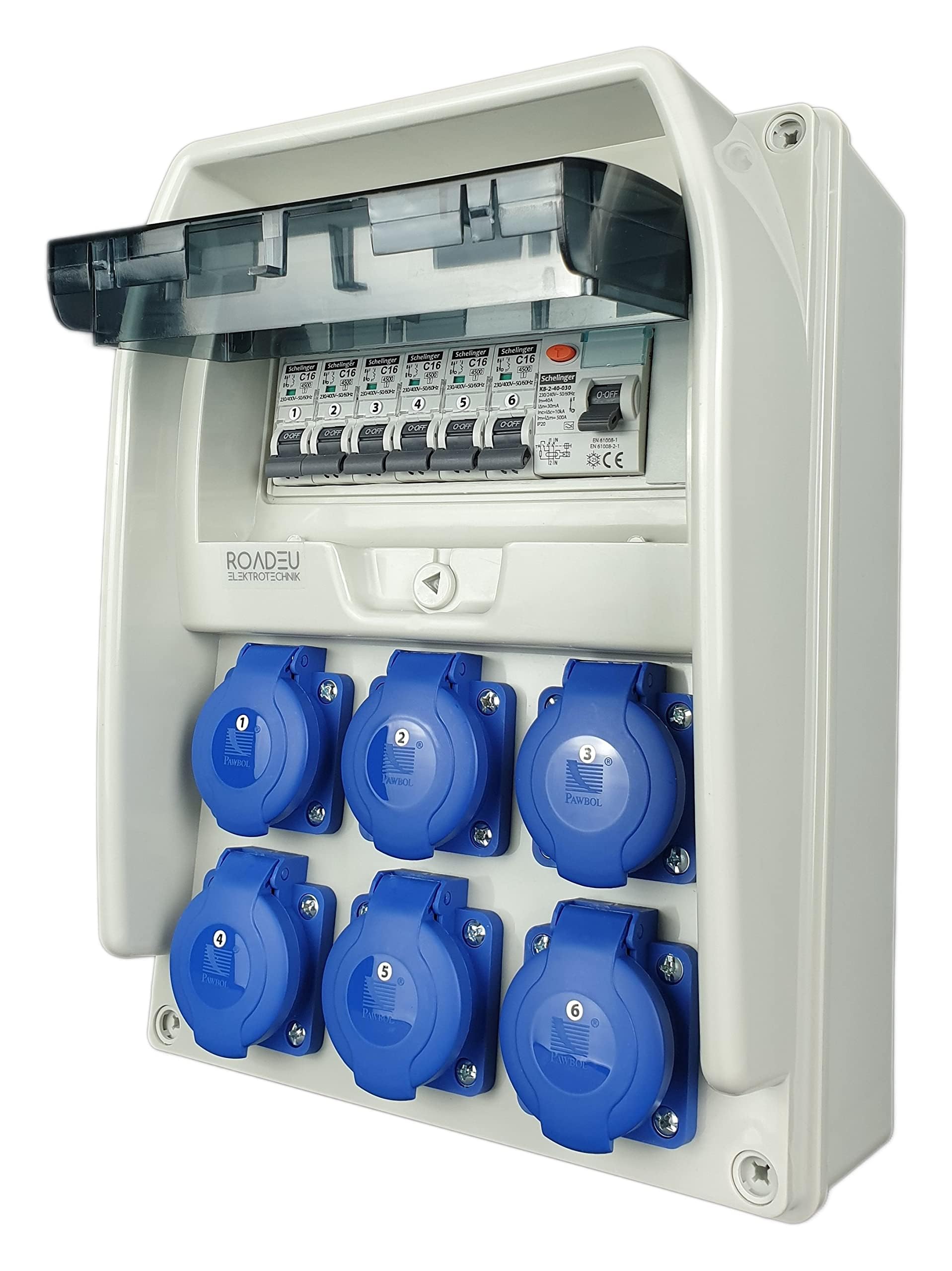 RoadEu - Coffret de chantier 230V - 6x prises avec interrupteur - répartiteur de prises avec disjoncteur différentiel 40A type A/AC - 6x LS C 16A - IP44 idéal pour les ateliers et les usines