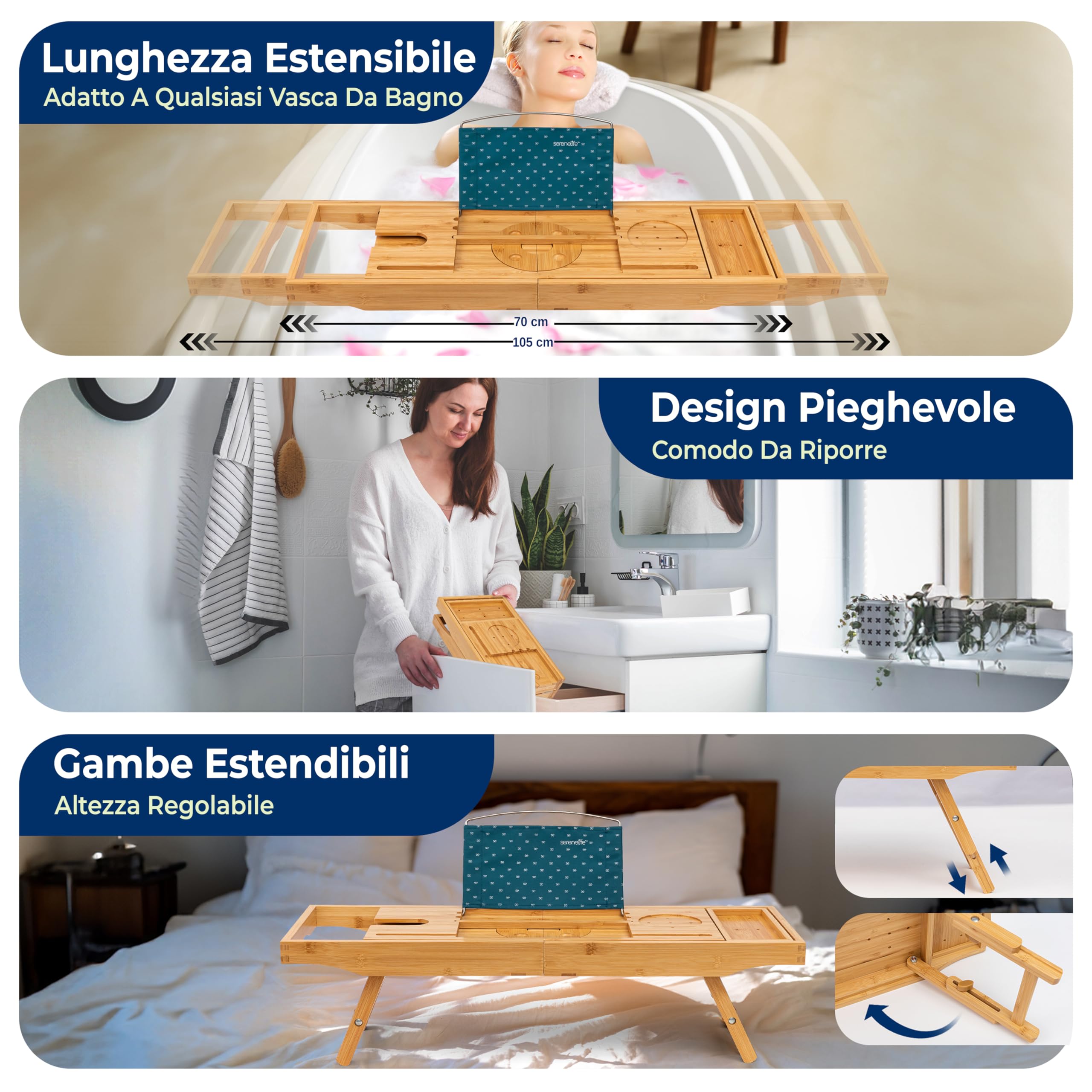 SereneLife Vassoio Vasca da Bagno Pieghevole in Bambù 2 in 1, Porta Oggetti Bagno Regolabile Antiscivolo con Supporto Dispositivi, Portabicchiere Vino, Espandibile e Set Regalo Donna per Relax