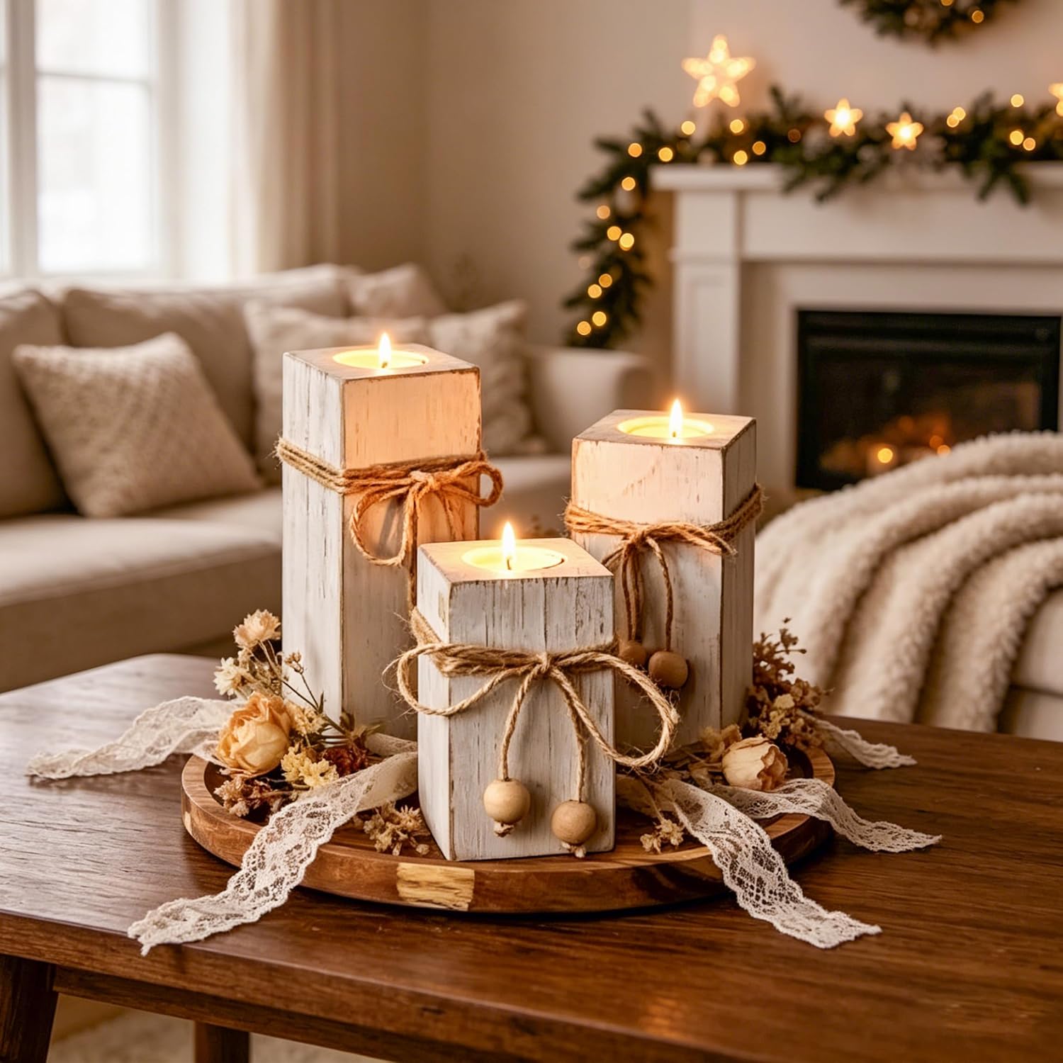 Flameless Candles Farmhouse Decor Set of 6, Candles with Wood Holders & Round Decorative Tray, Rustic Decor for Living Room, Kitchen & Dining Mantel Fireplace & Coffee Table