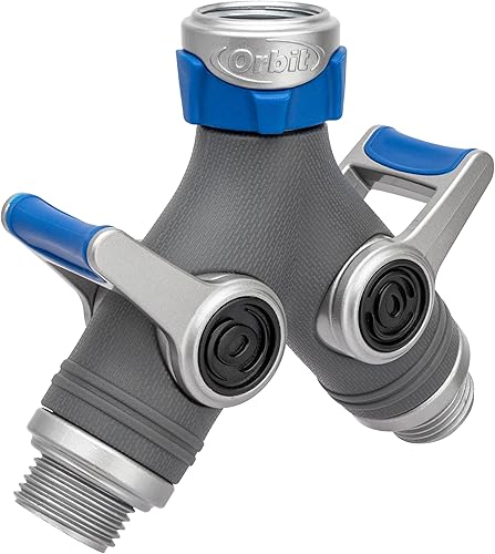 Orbit XL 28294 - Divisor de manguera de jardín de 2 vías, válvulas dobles, conector Y de zinc resistente, cierre de palanca de fácil agarre