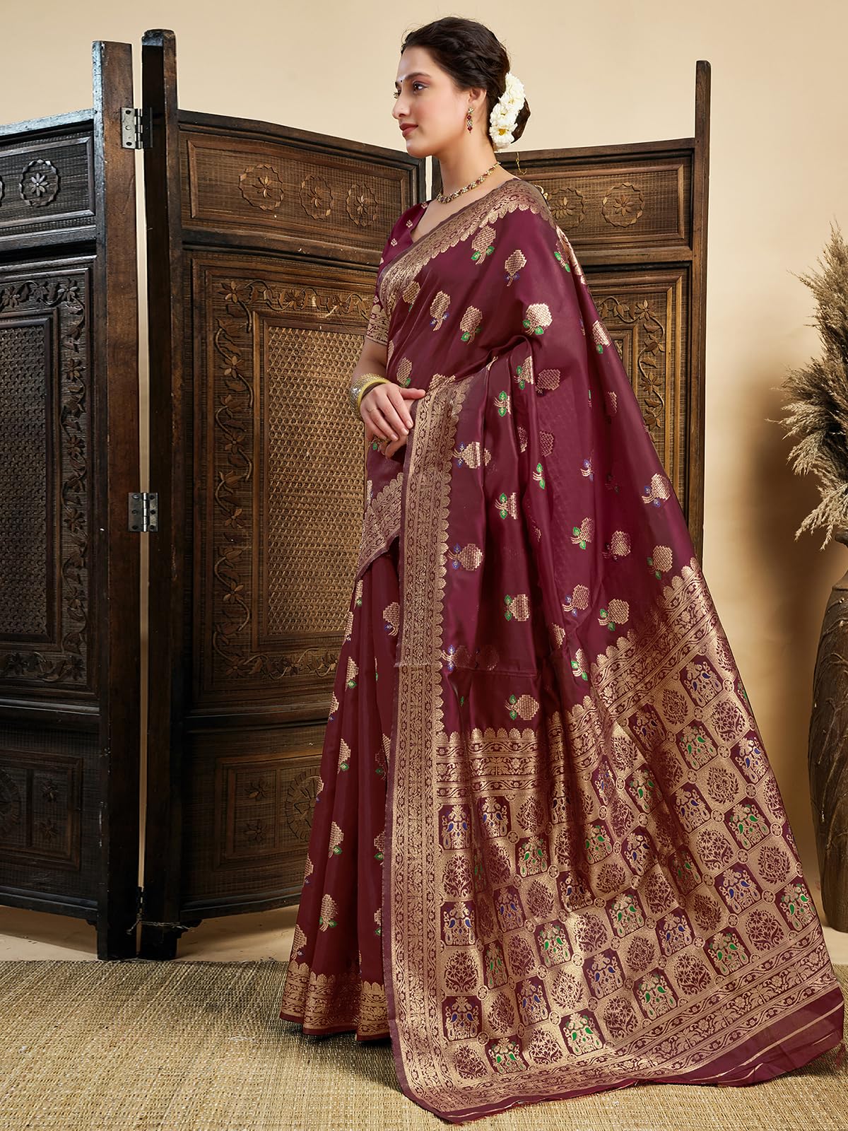 Satrani Women's Banarasi Silk Weaving Saree With Unstitched Blouse Piece (4208S858N_Maroon)