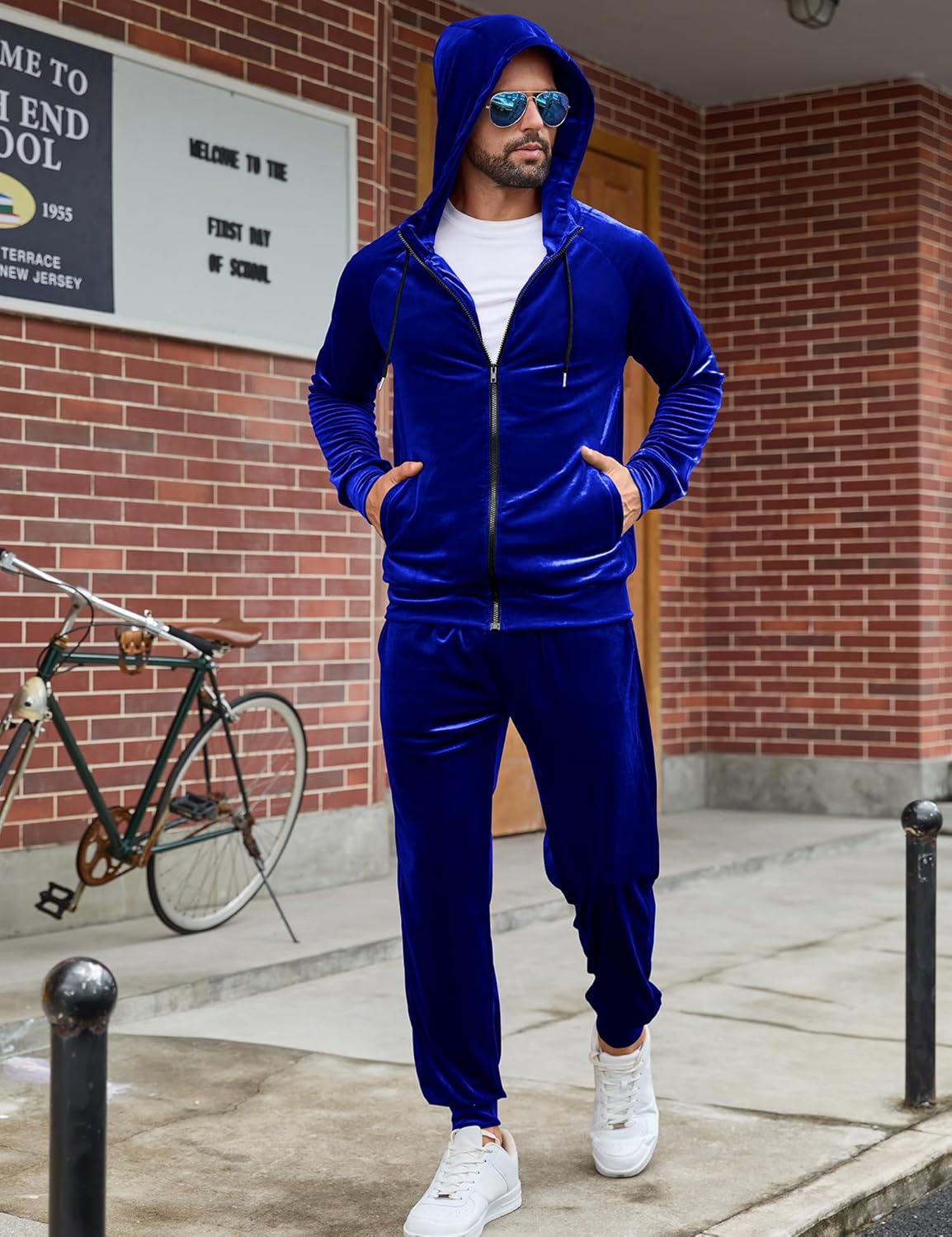 LecGee Men's 2 Piece Velvet Tracksuit Full Zip Turtleneck Hooded Jacket and Casual Jogger Pants Matching Velour Sweatsuit Set - Image 2