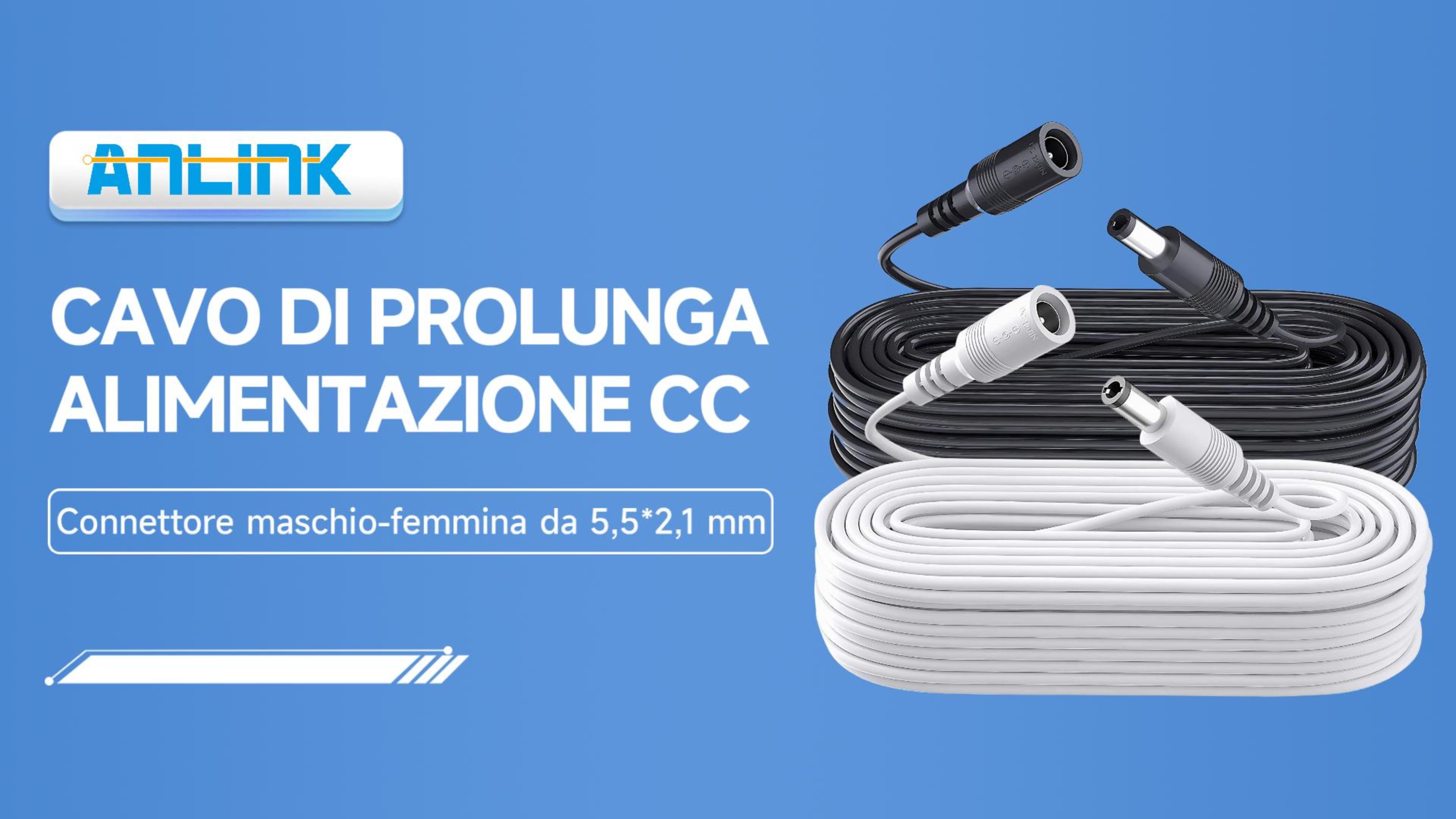 Cavo Prolunga Alimentazione CC 12V Per Telecamere CCTV – Connettore 2.1x5.5mm In Gomma Siliconica (1 Metro)