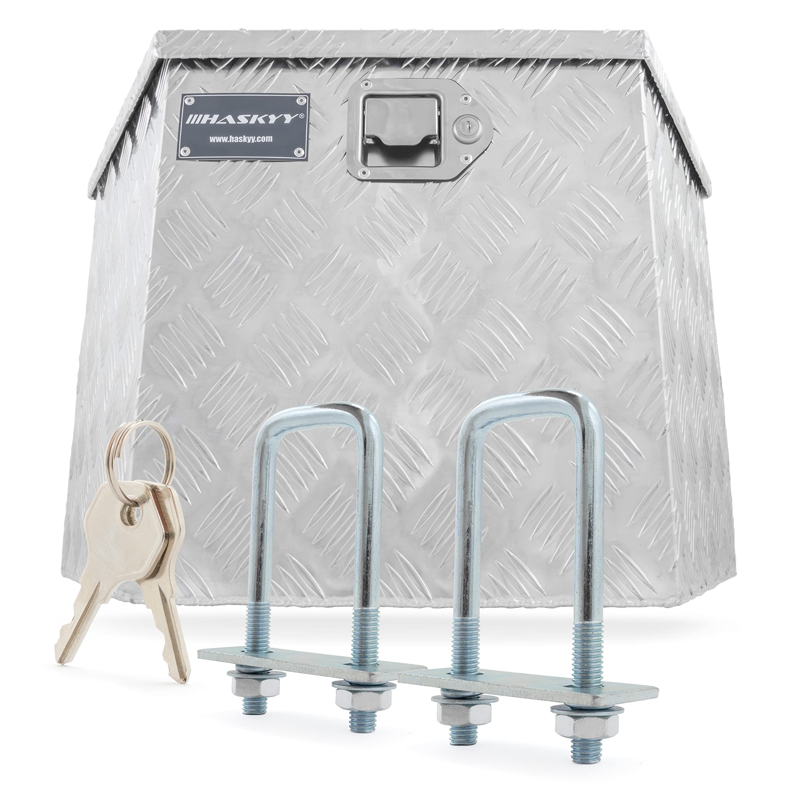 HASKYY Caja de transporte Caja de Herramientas de aluminio 61 L trapecio Caja de remolque 700 x 285 x 420 mm asa Lateral y Llaves Seguridad, a Remolque, Camioneta, Autocaravana
