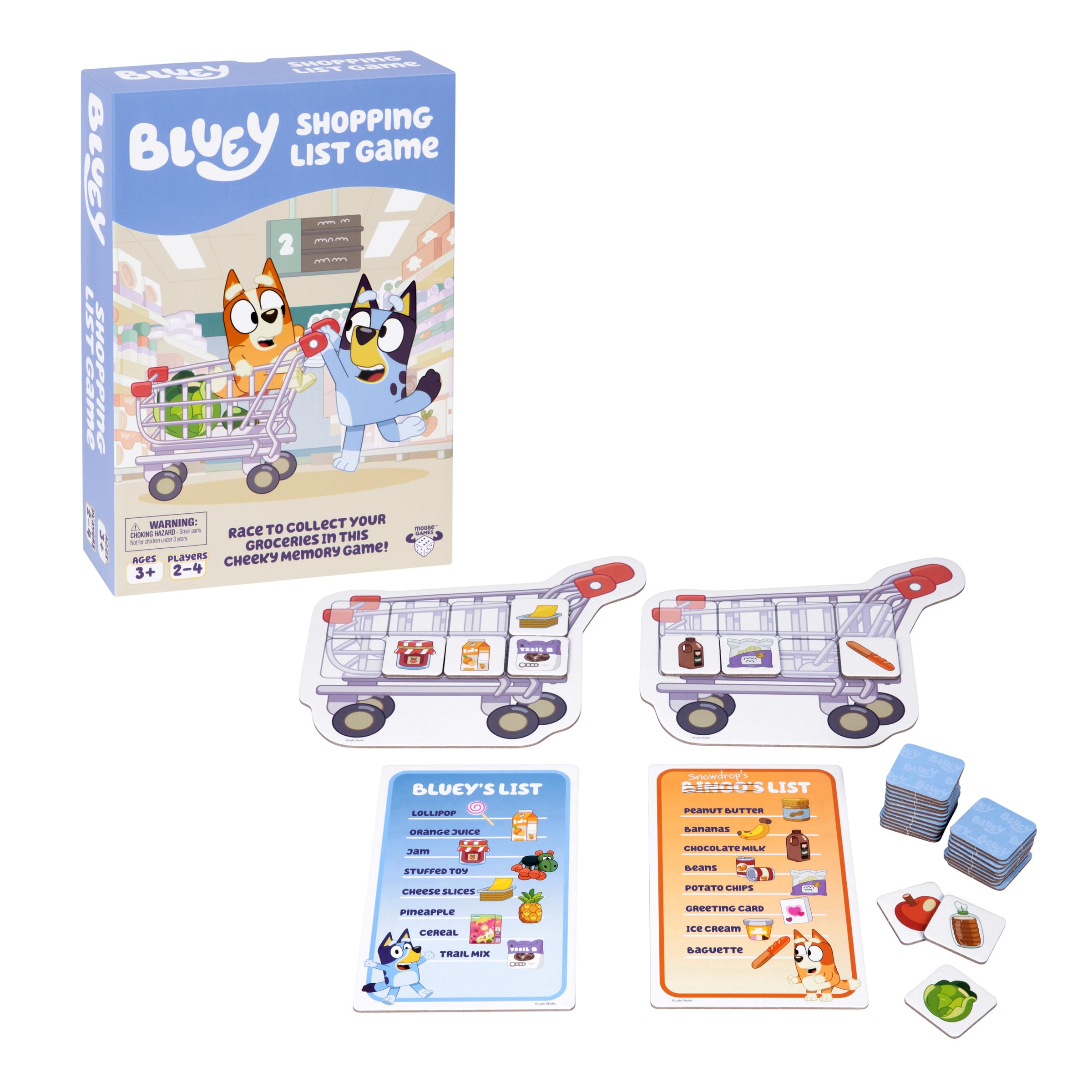 Bluey Shopping List Game, Join Bluey, Bingo, Bandit & Chilli On A Fun Supermarket Adventure, Race to Fill Your Trolley in This Fun Memory and Matching Game, for Ages 3+, 2-4 Players