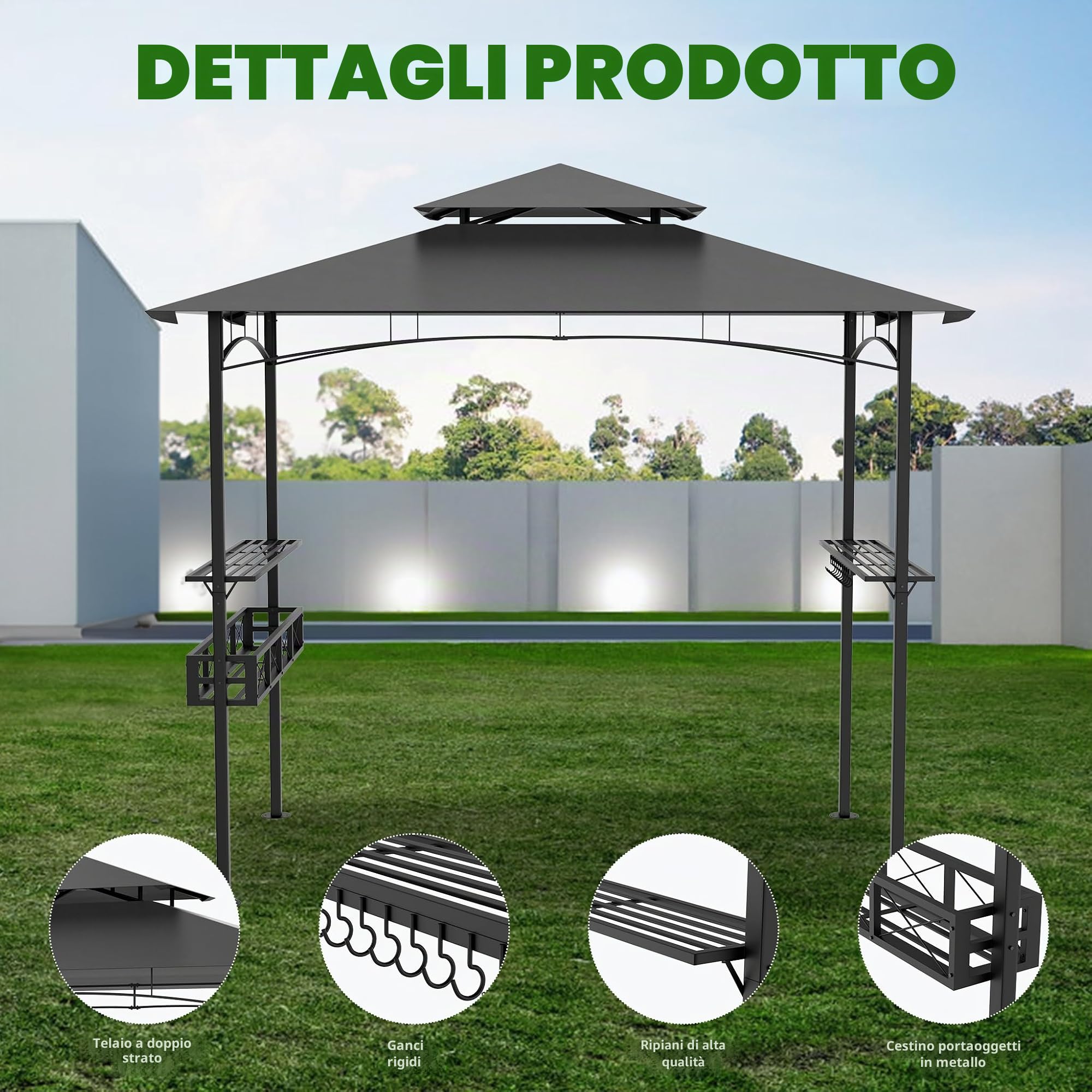 FIVMEN Gazebo per barbecue, 244 x 138 x 250 cm, gazebo da giardino con bancone da bar e tetto a doppio strato, per giardino, per feste, protezione UV