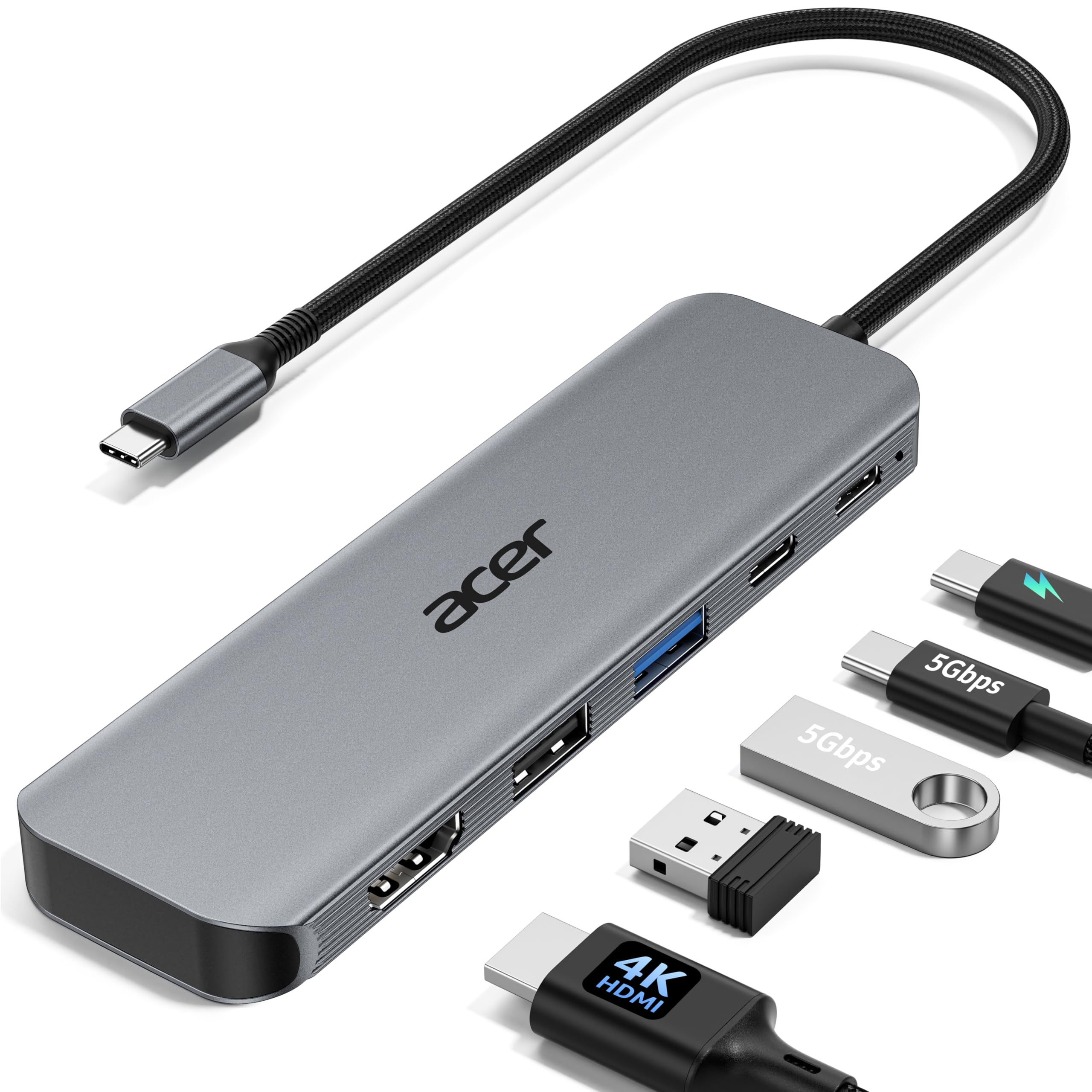 Acer Hub USB-C 5-in-1, Adattatore USB-C a HDMI 4K@60Hz, Trasferimento dati USB-A e USB-C a 5 Gbps, Ricarica PD 100W, Alluminio + Nylon, per iPhone 17/16, MacBook, iPad Pro/Air, Surface, ecc.