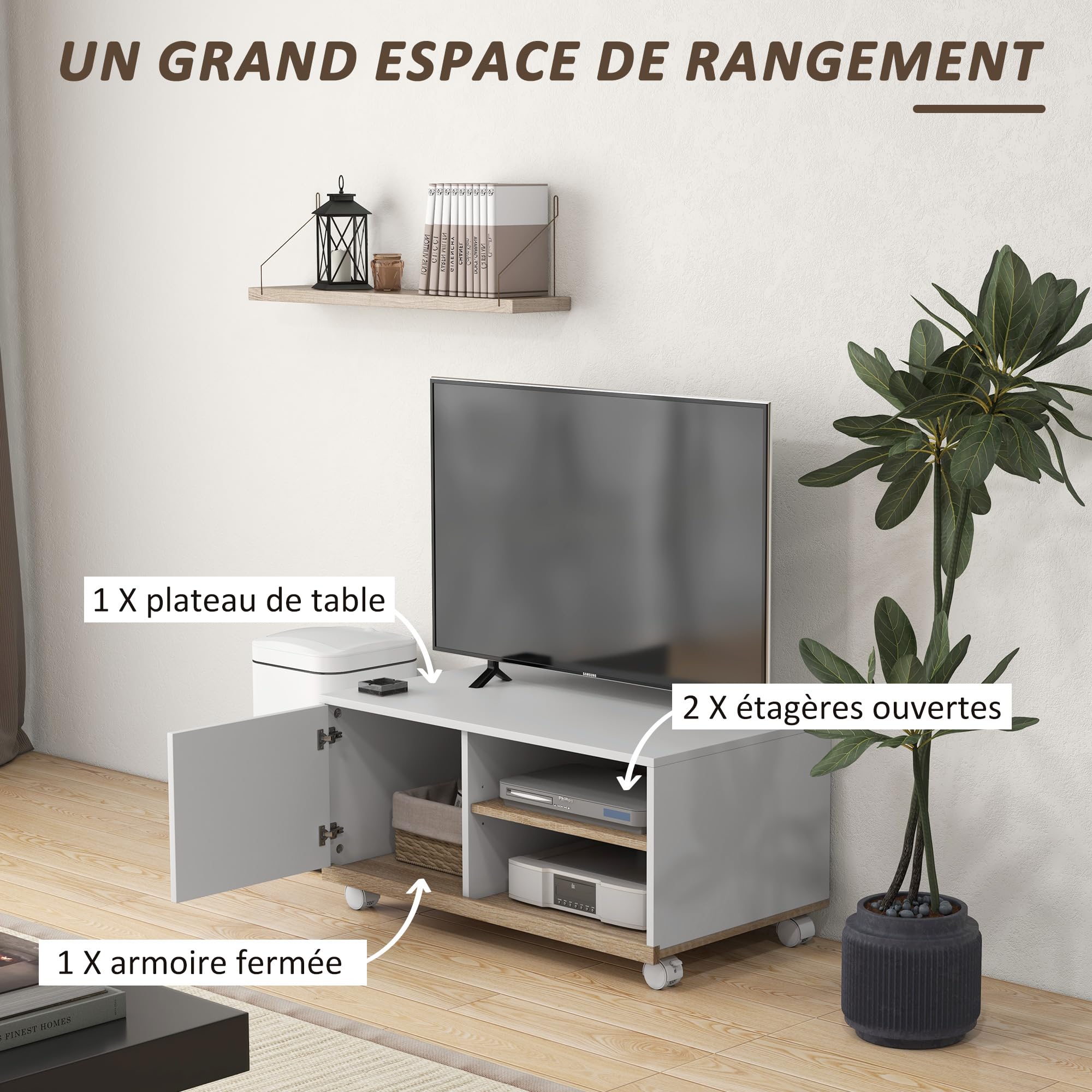 Meuble TV Avec Roulettes Et étagères - 80x40x40 Cm - Style Rustique - Pour Salon Ou Chambre - Montage Facile - 12