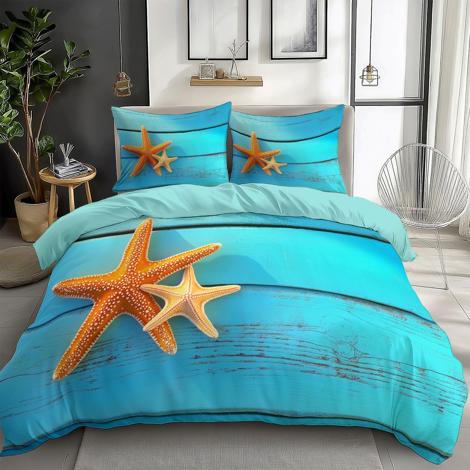 Bedding Sets Blue Wooden Starfish Print Duvet Cover Set, Comforter Cover 3D Duvet Cover Full Size Soft Youth Reversible 3-Piece Quilt Cover for Kids Teens