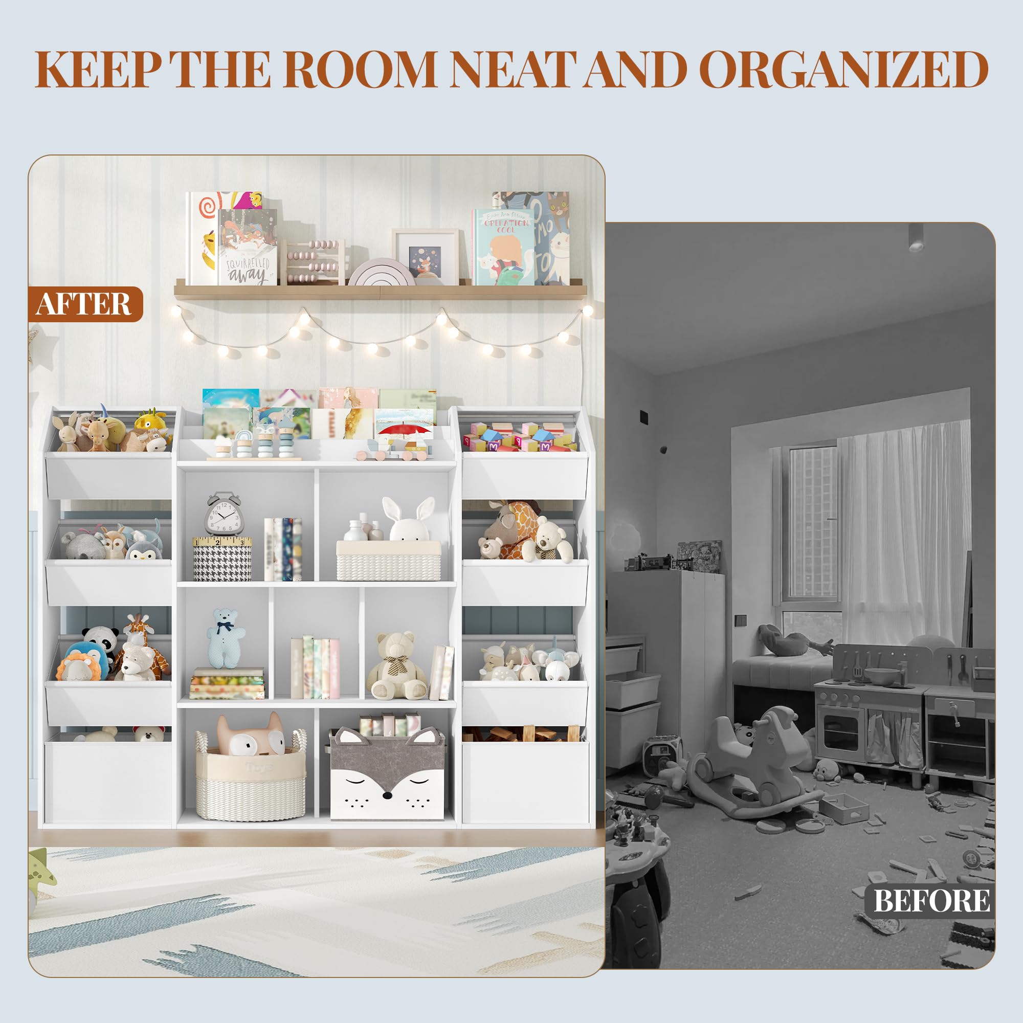 HEXCELEN Meuble Rangement Enfant, Bibliothèque Enfant, Étagère à Jouets 8 Boîtes en Non-tissé, pour Chambre d'enfant, Salons, Bureau, 30 x 130 x 100 cm, Blanc
