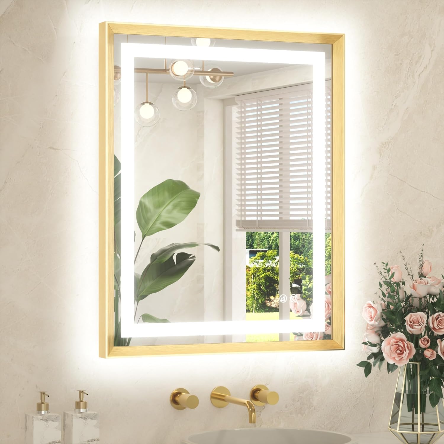 TETOTE 24 x 30 Bathroom Mirror Brushed Gold Metal Frame Frontlit & Backlit Vanity Mirror 3 Colors White/Warm/Natural Stepless Dimmable Anti-Fog Bathroom Mirrors for Vanity Wall-Mounted 30"L x 24"W Brushed Gold