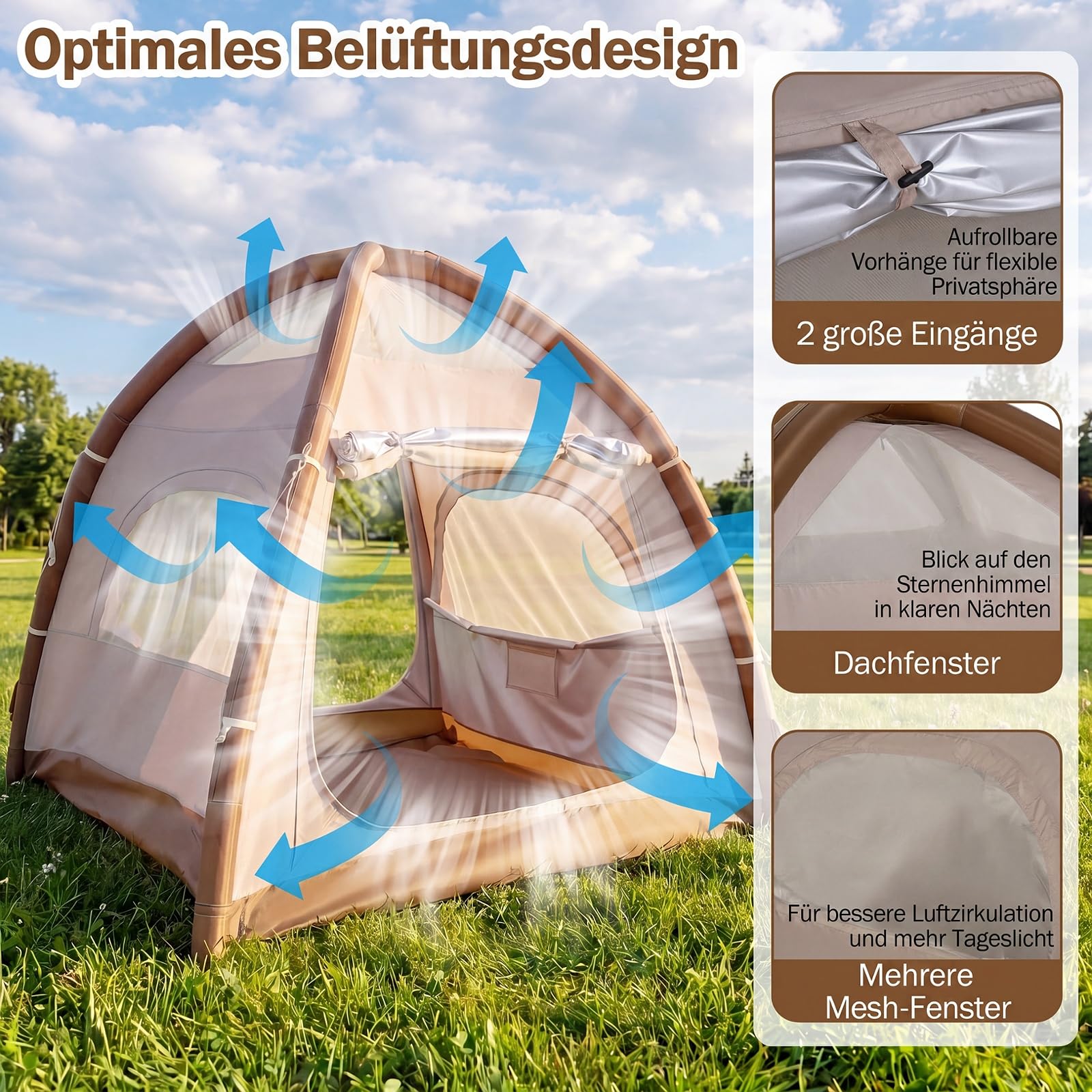 COSTWAY Aufblasbares Campingzelt für 2-4 Personen, wasserfestes Luftzelt mit Dachfenster, 2 Türen & Netzfenstern, Familienzelt inkl. Tragetasche & Luftpumpe, für Camping & Wandern, 208 x 208 x 196cm