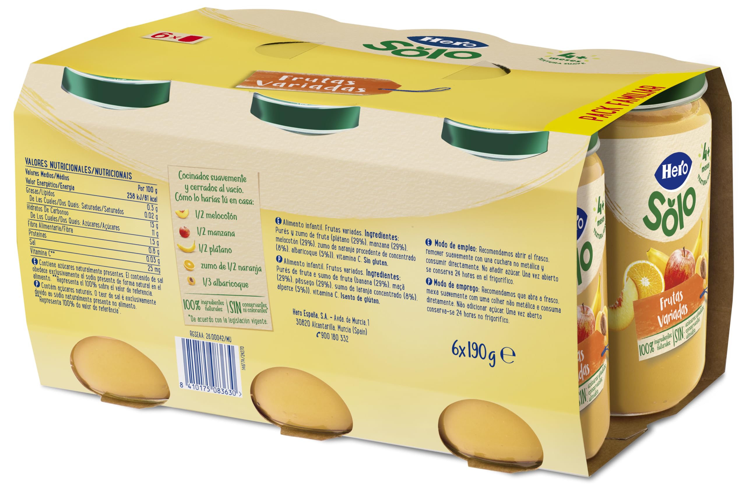 Hero Baby - Tarritos de Frutas Variadas, Sin Almidón, Sin Azúcares Añadidos, 100% Ingredientes Naturales, para Bebés a Partir de los 4 Meses, Pack de 6x190g