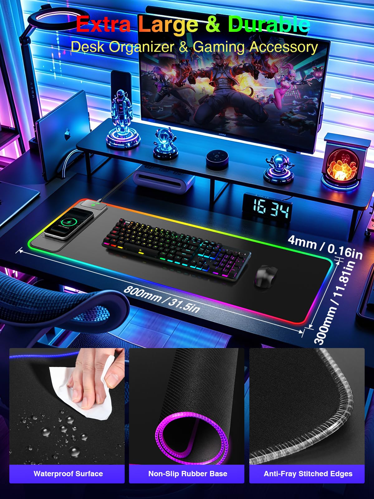 Tappetino per mouse da gioco RGB con ricarica wireless, 800 x 300 grandi, 24 effetti di luce, base antiscivolo, superficie ultra liscia impermeabile
