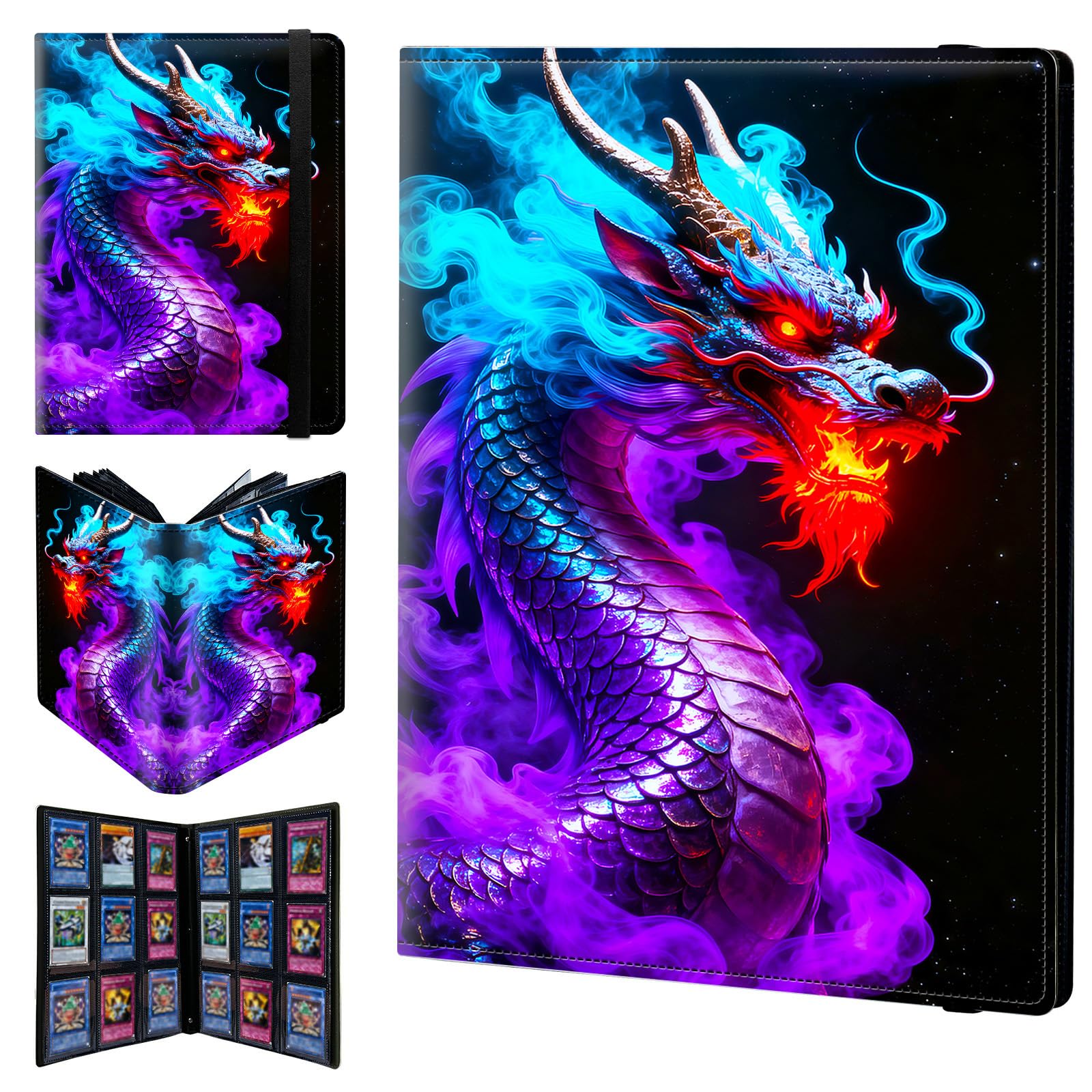 9 Pocket Trading Card Binder 720 Side Loading Pocket Album with Blue Purple Dragon Pattern Design Card Binder for Sports Cards & Game Cards