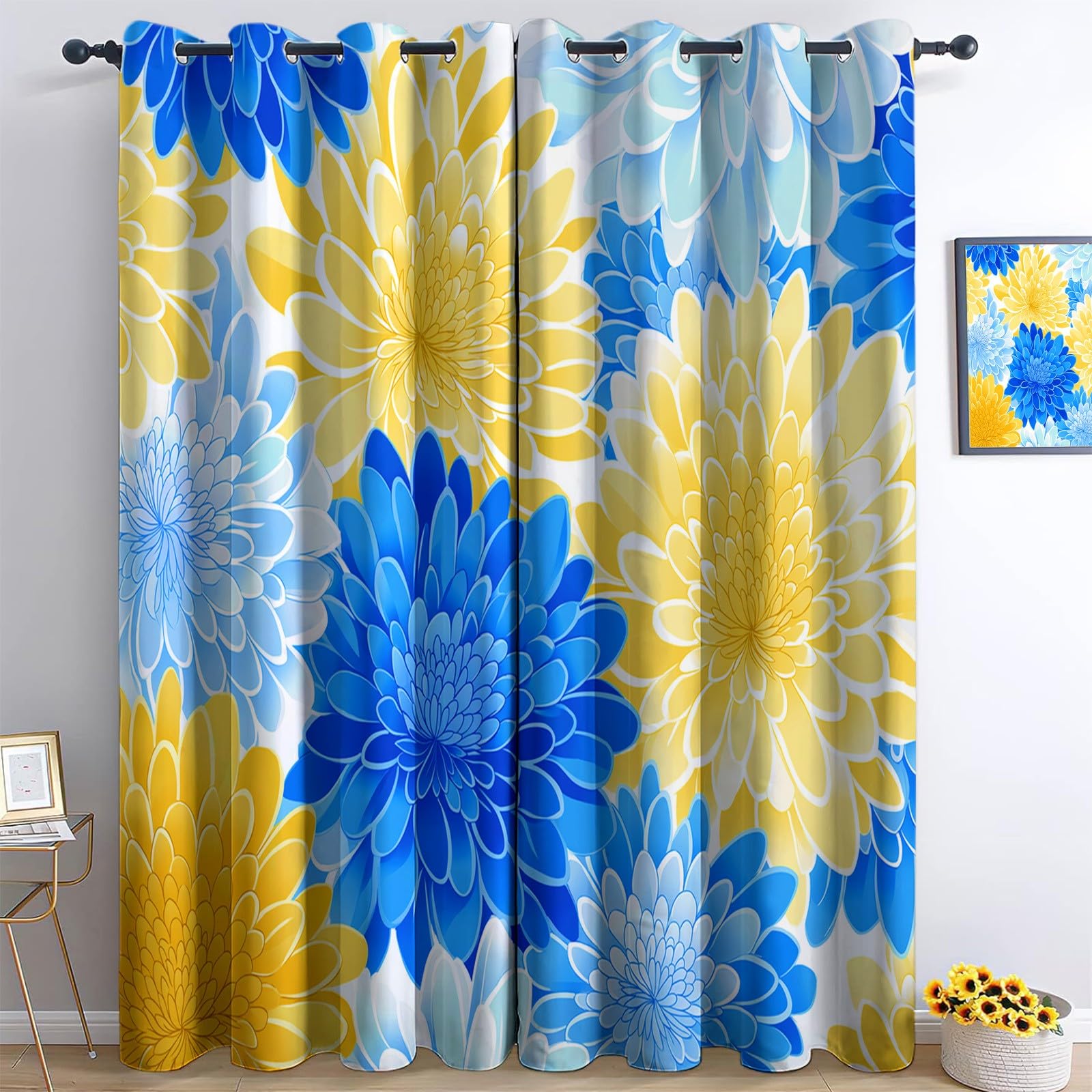 Srigzcaly Floral Elegant Modern Chrysanthemums Blackout Curtains 72 Drop, Multicolour Thermal Insulated Eyelet Window Drapes for Bedroom & Living Room - 2 Panels, Total 132" W x 72" L (336x183cm) — image 1