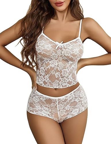 Avidlove Lace Bra and Panty Set V Neck Babydoll Lingerie 2 Piece Mesh Bralette Set - X-Large - White