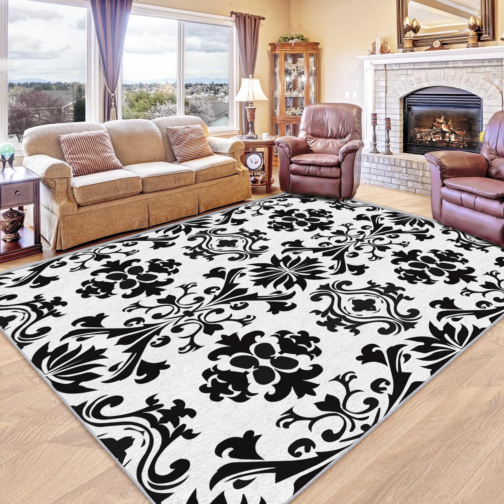 Amazon.com: NejTrenzy Black and White Damask Rug 8x10, Washable