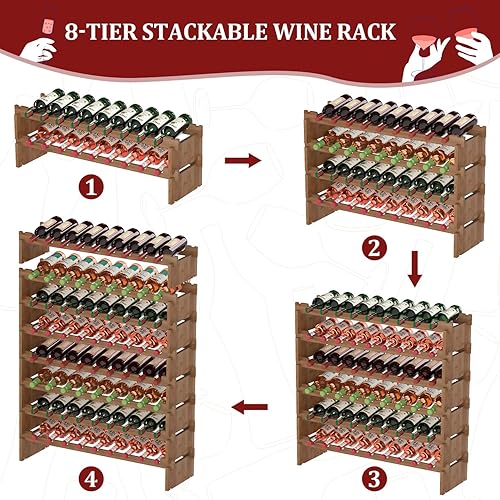 Miniatura 4 de Domax Estante de vino independiente para 72 botellas de vino, 8 niveles, apilables, de madera de bambú, estantes de almacenamiento para cocina, bar,