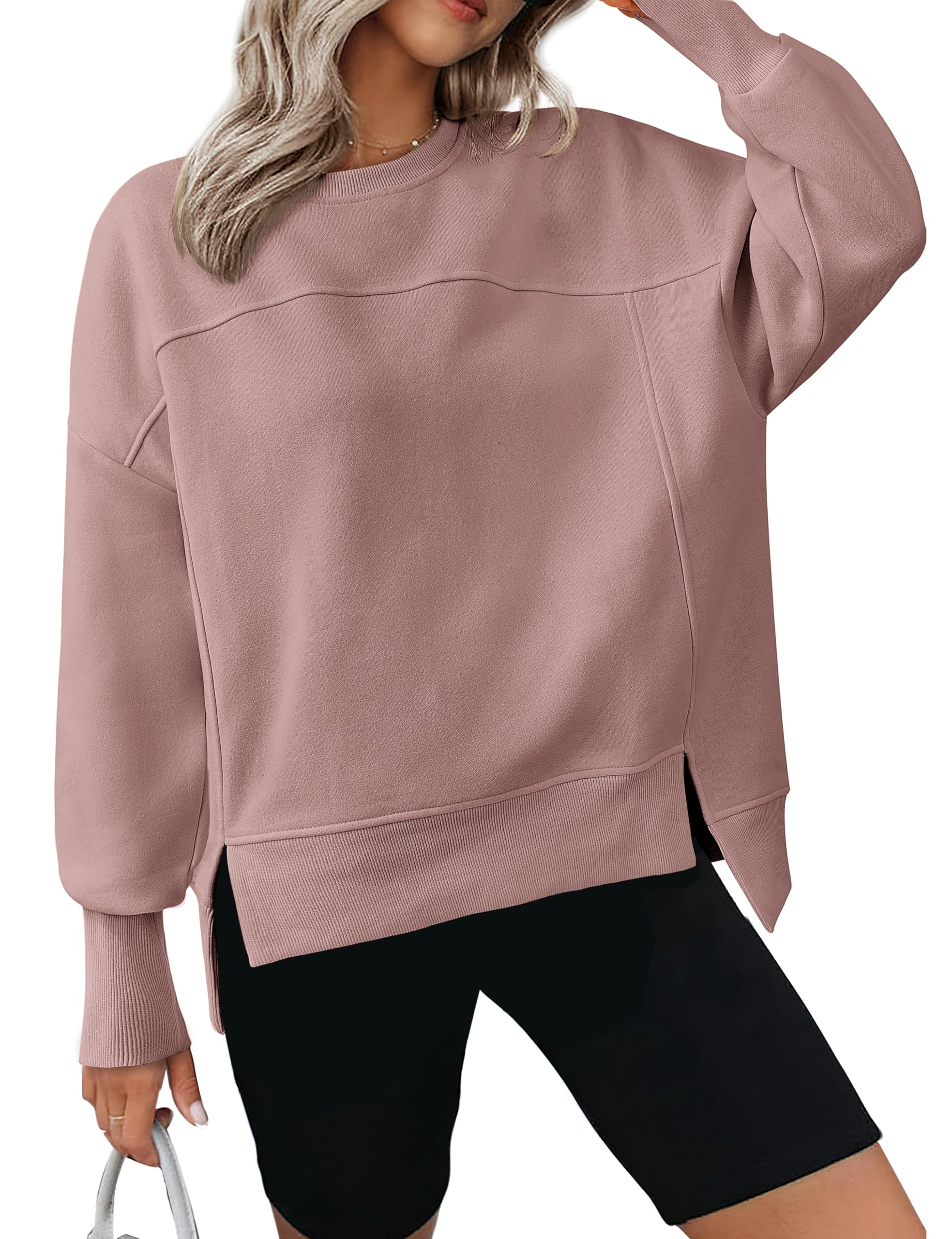 BTFBM Women's Casual Crewneck Sweatshirts 2026 Spring Fall Clothes Long Sleeve Side Slit Workout Fleece Pullover Tops