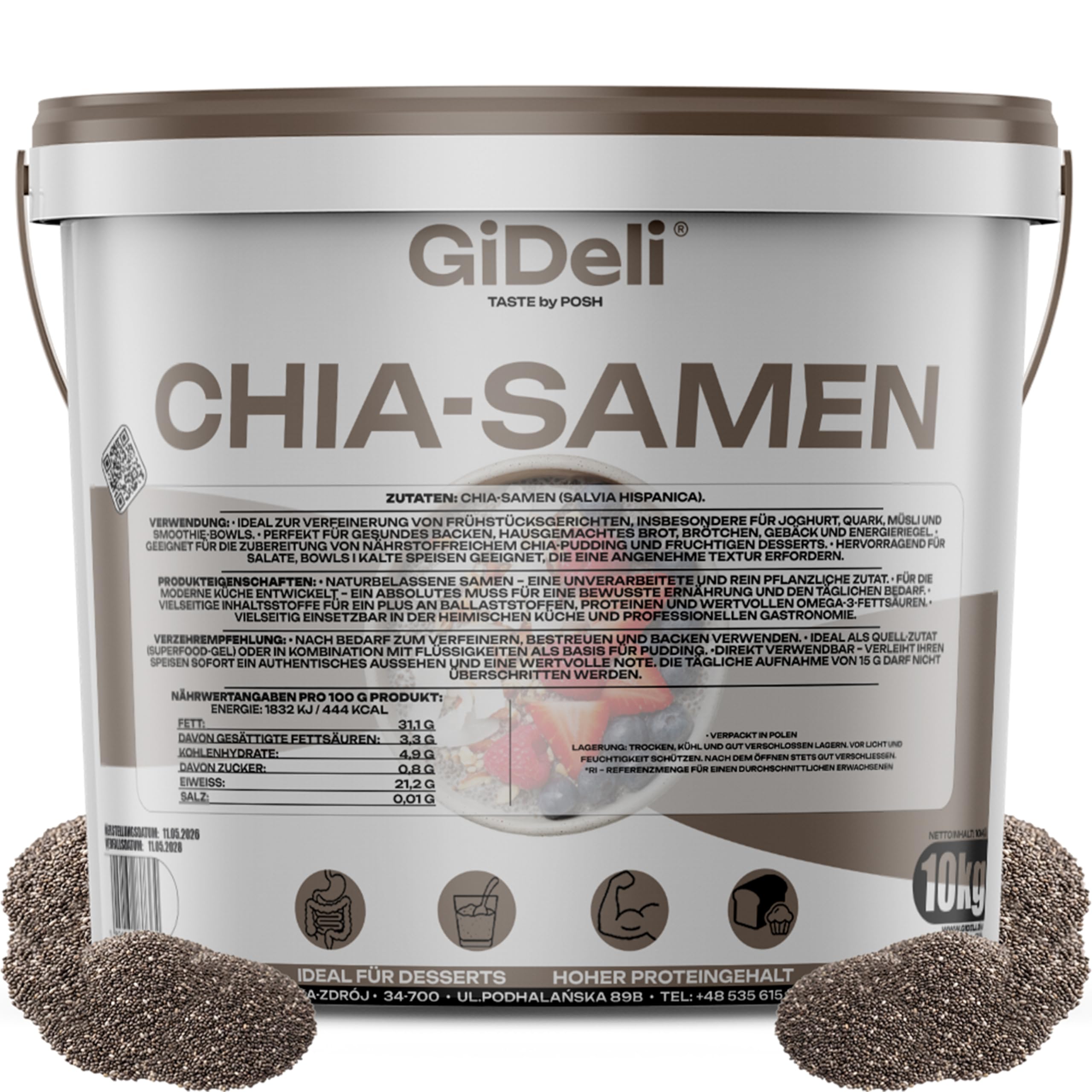 GiDeli Chia-Samen 10kg im Eimer - Rein pflanzlich, ohne Zusätze - Vegane Proteinquelle mit Omega-3 (ALA) - Naturbelassen & Ballaststoffreich - Für Chia-Pudding, Müsli, Smoothies & Backwaren