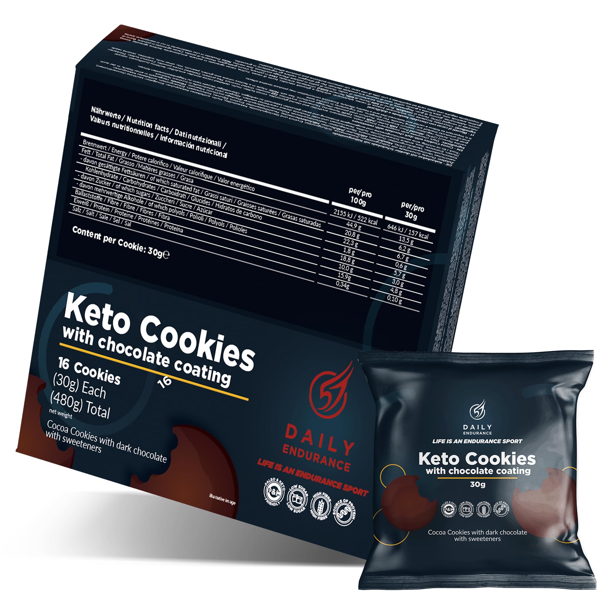 Keto Cookies Senza Zucchero - 16 Biscotti Keto - Rivestiti di Cioccolato - Snack Keto - Alimenti Ketogenici Low Carb & Paleo - 480g - Daily Endurance