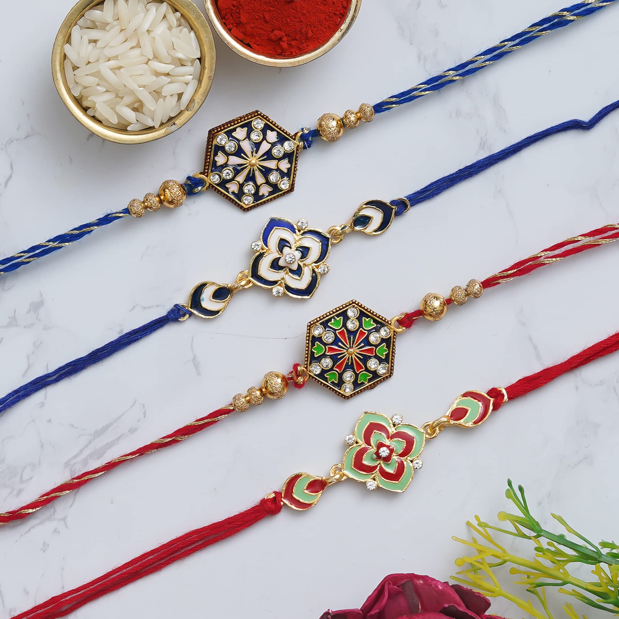 ecraftindia Set of 4 Rakhi Combo Hamper | Red Golden & White Beads Pearl Diamond Designer Rakhis-picture-20