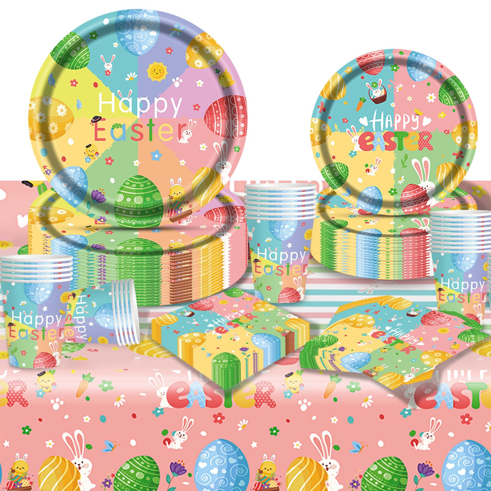 Set Stoviglie Di Carta Per Pasqua POPOYU - 37 Pezzi Con Tema Coniglietto, Tovaglia E Tovaglioli - Foto 8